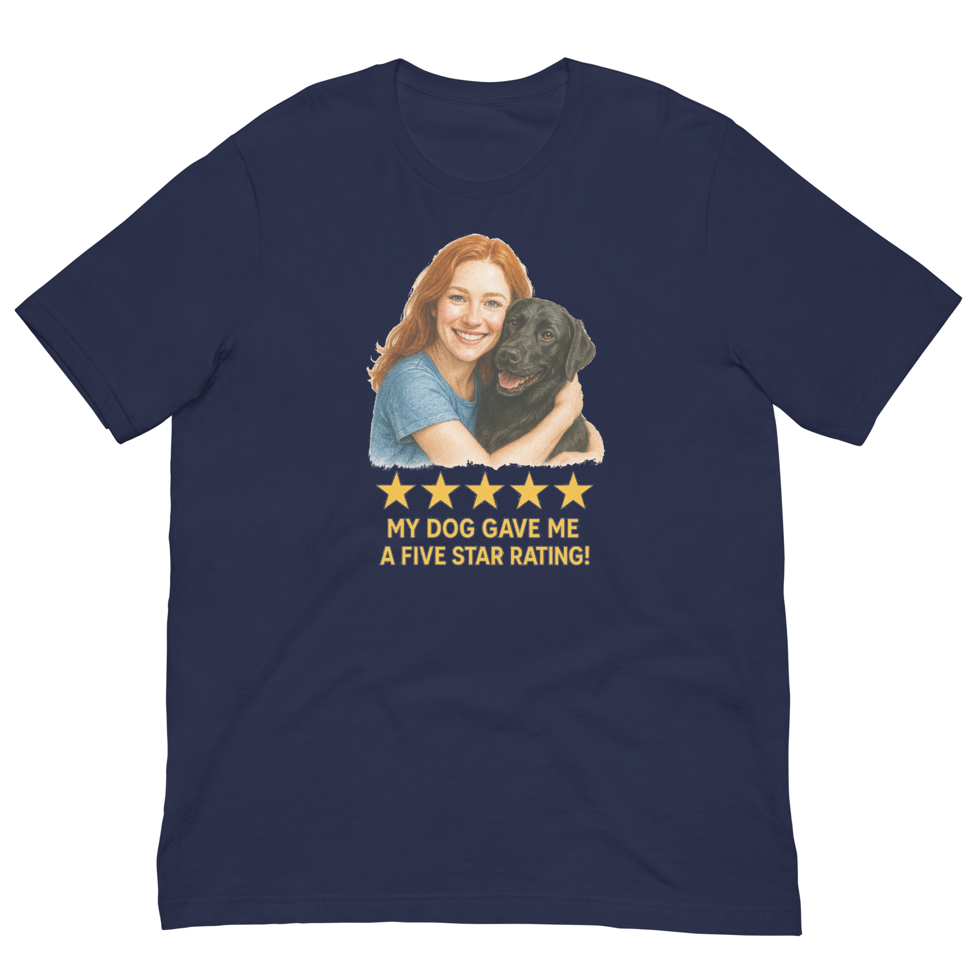 Red Hair Woman with Black Labrador graphic tee.