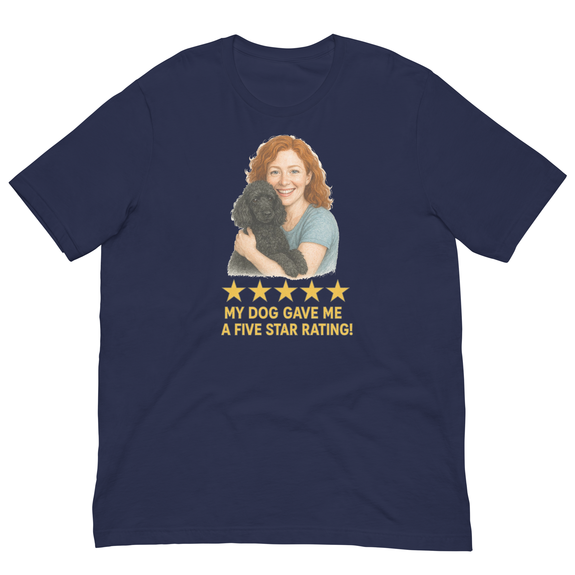 Red Hair Woman with Black Poodle graphic tee.