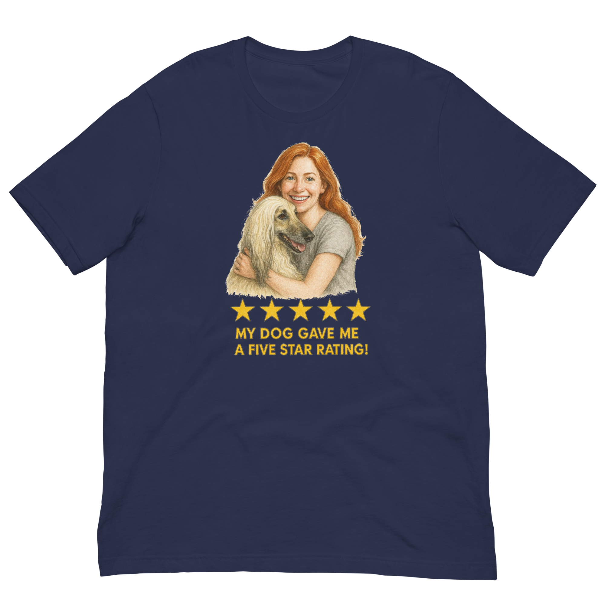 Red Hair Woman with Afghan Hound graphic tee.