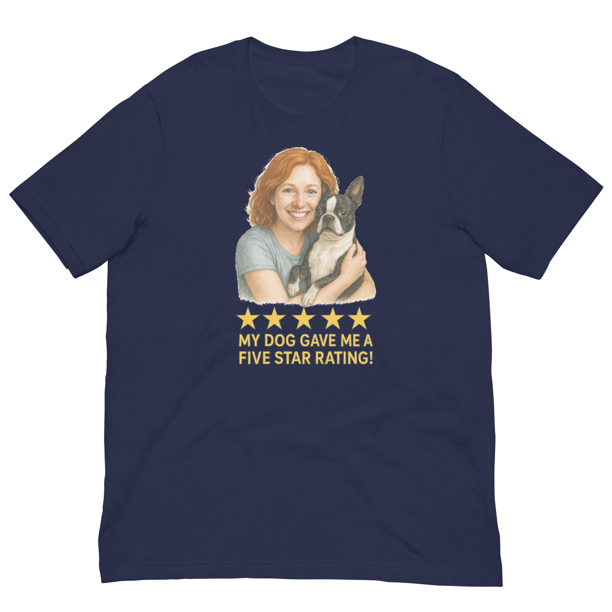 Red Hair Woman with Boston Terrier graphic tee.