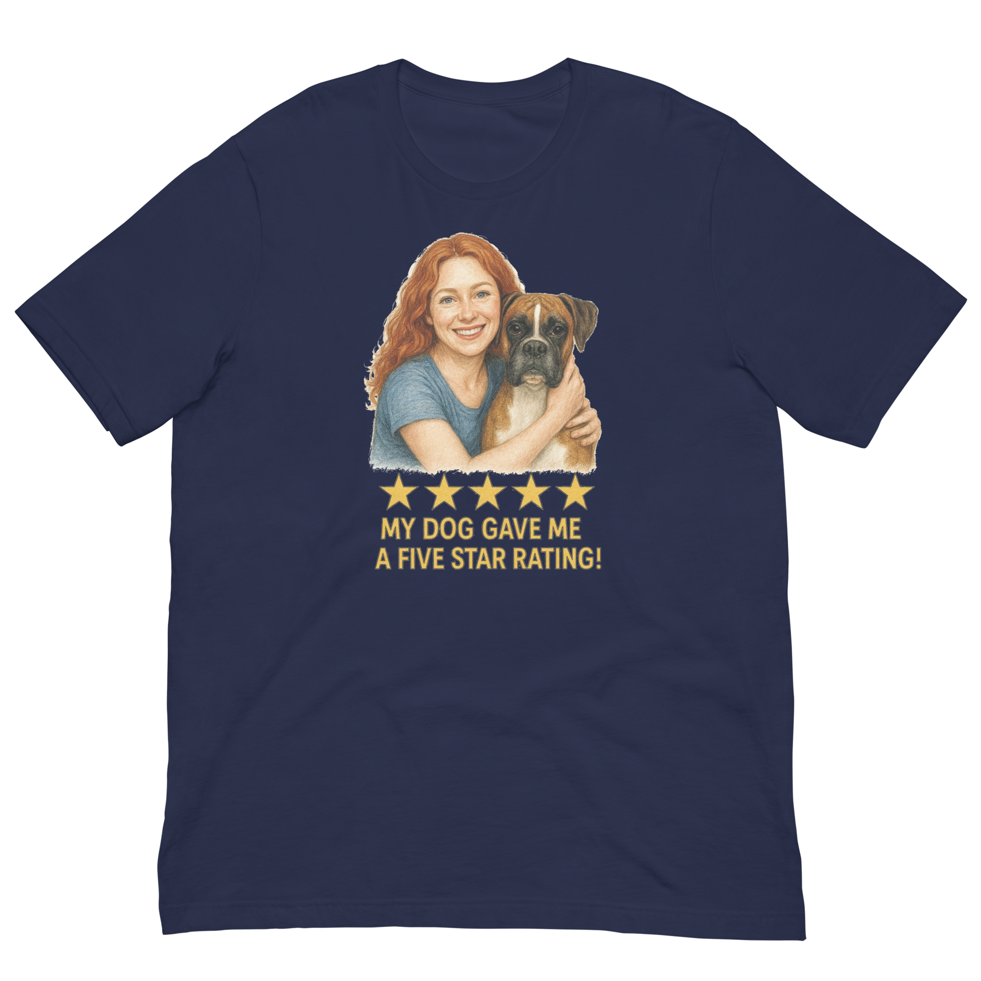 Red Hair Woman with Boxer graphic tee.