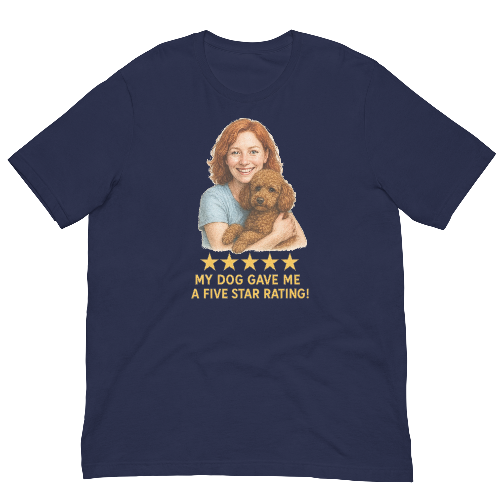 Red Hair Woman with Brown Poodle graphic tee.