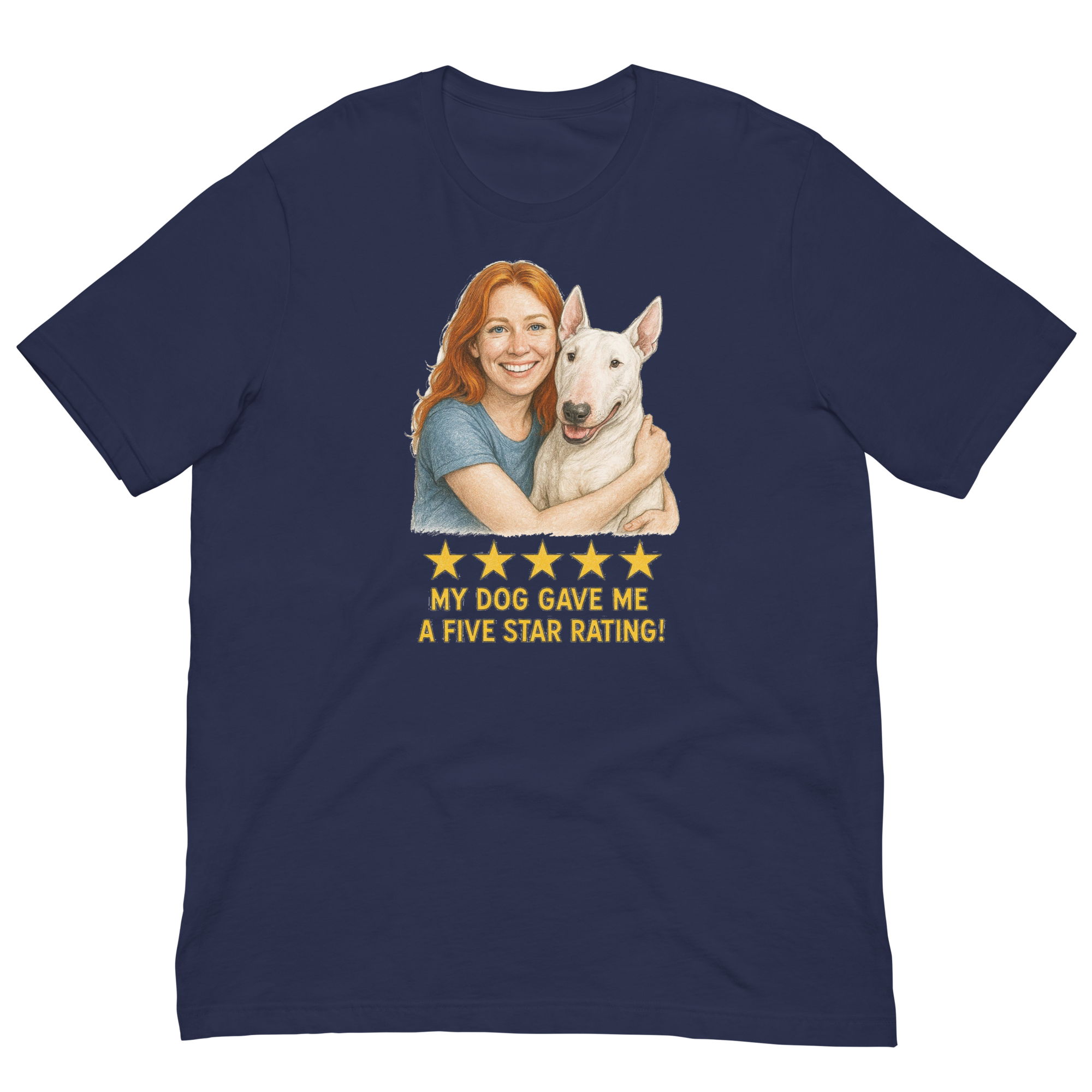 Red Hair Woman with Bull Terrier graphic tee.