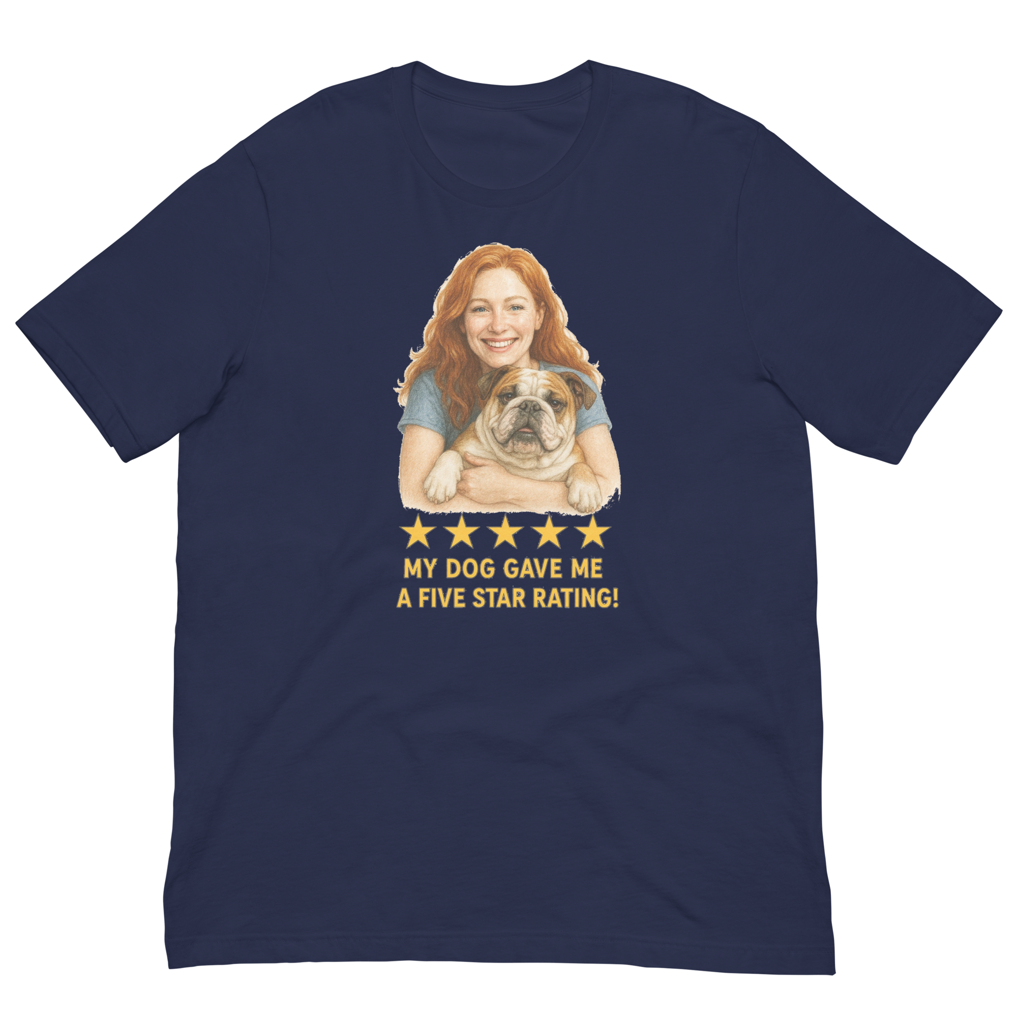 Red Hair Woman with Bulldog graphic tee.