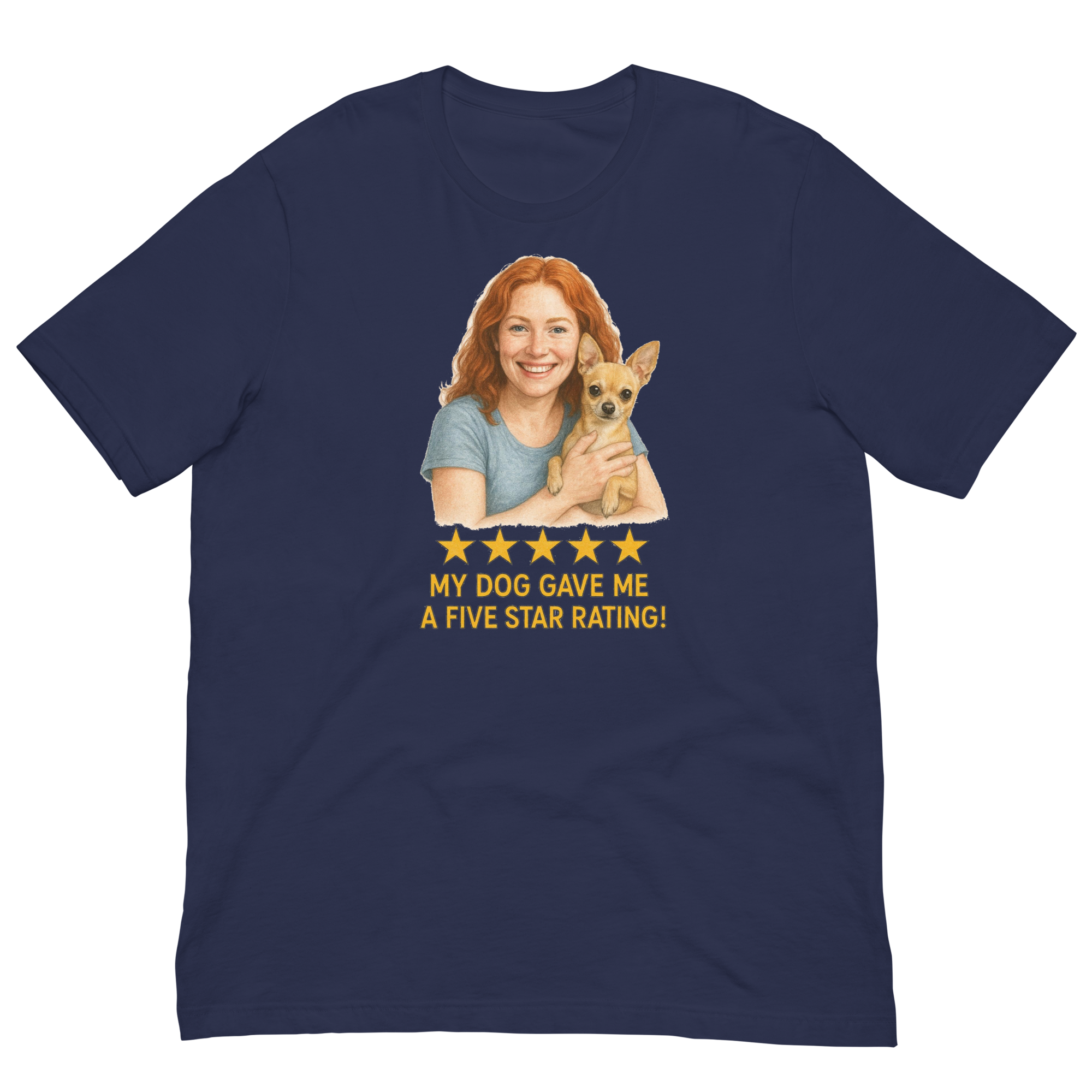 Red Hair Woman with Chihuahua graphic tee.