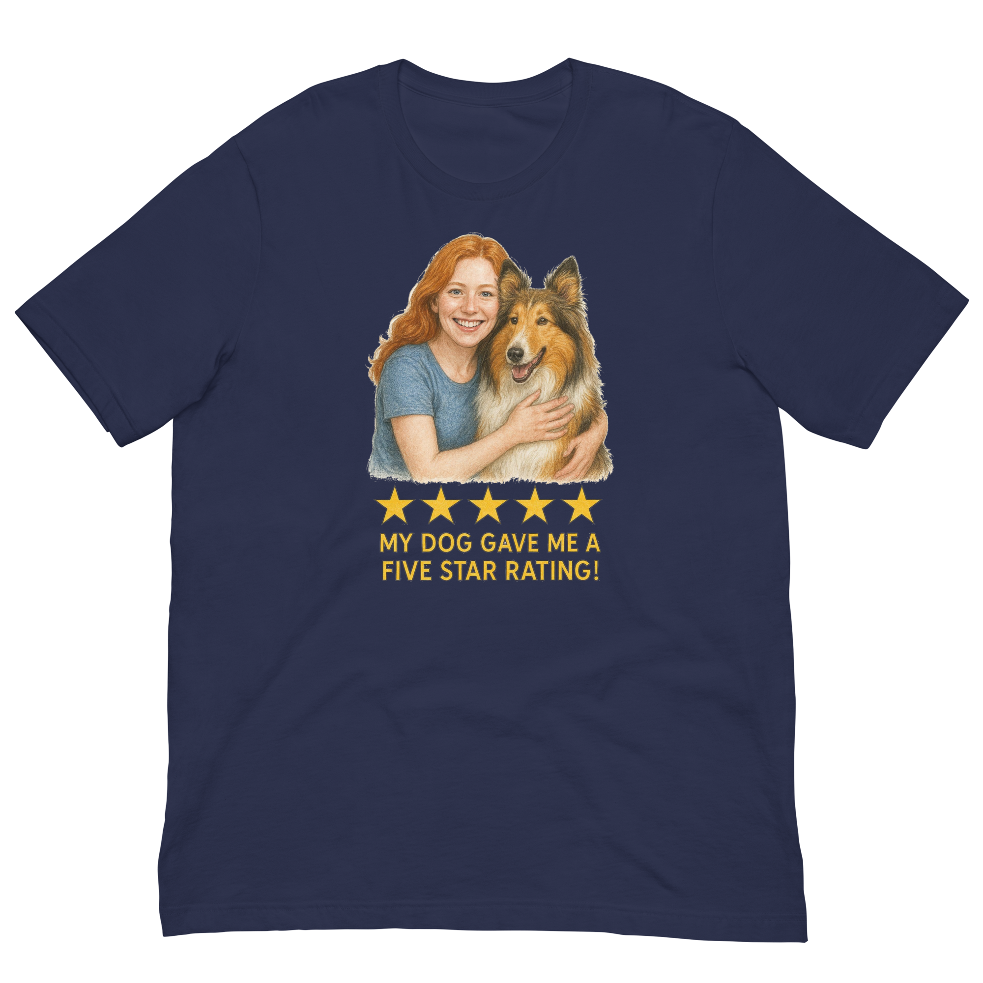 Red Hair Woman with Collie graphic tee.