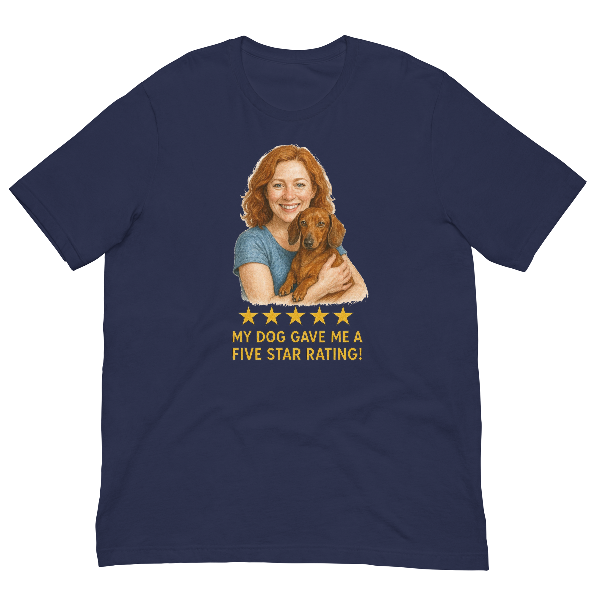 Red Hair Woman with Dachshund graphic tee.