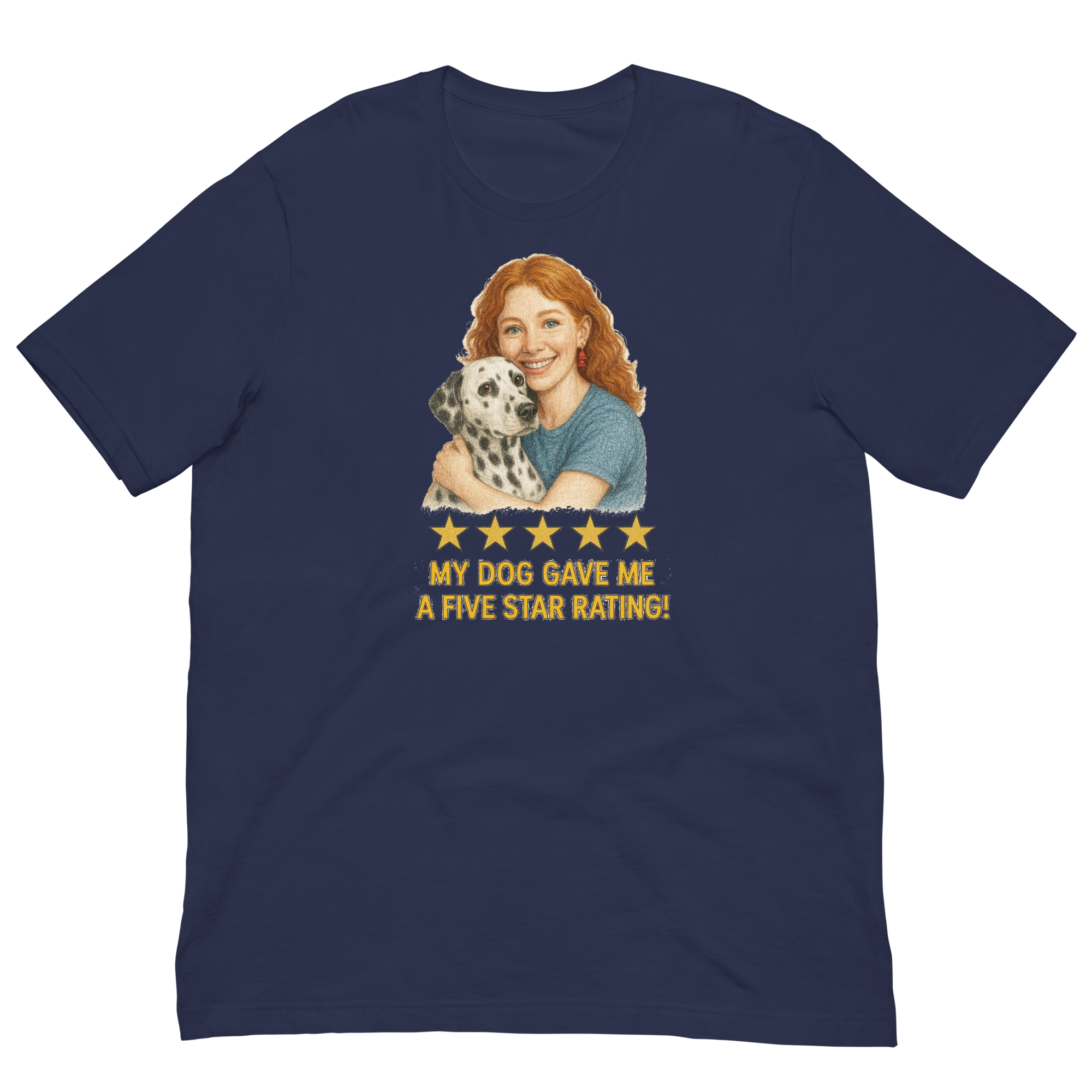 Red Hair Woman with Dalmatian graphic tee.