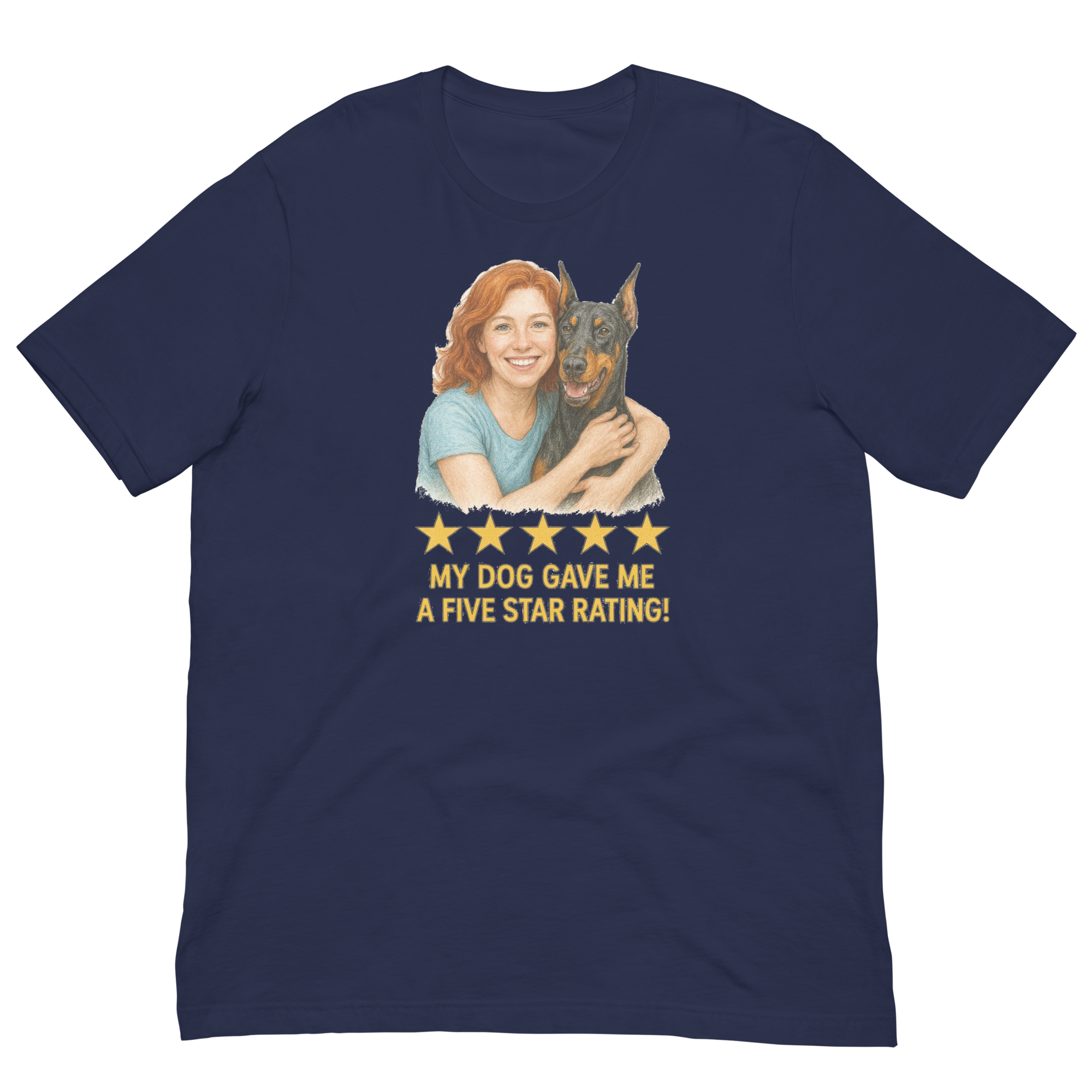 Red Hair Woman with Doberman Pinscher graphic tee.