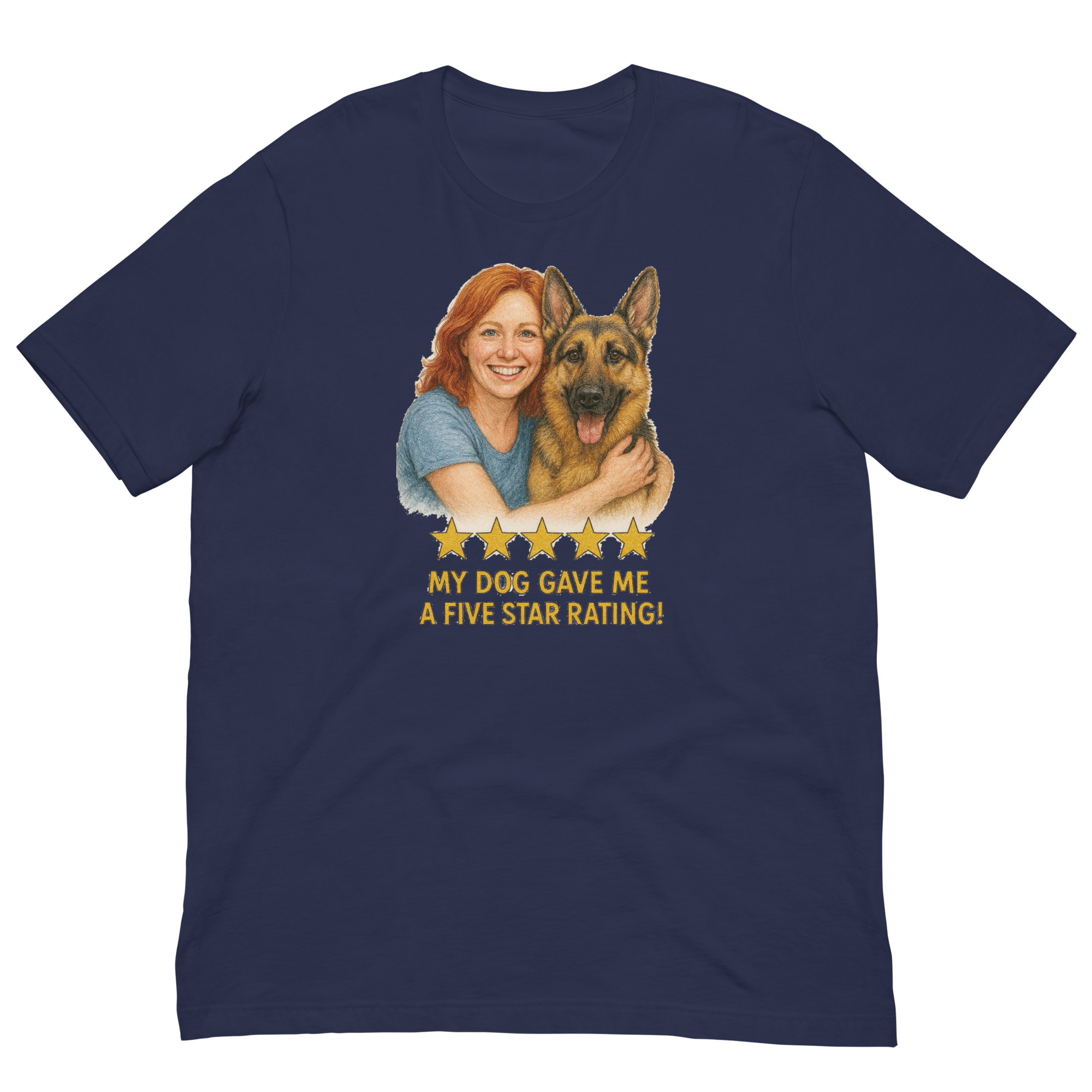 Red Hair Woman with German Shepherd graphic tee.
