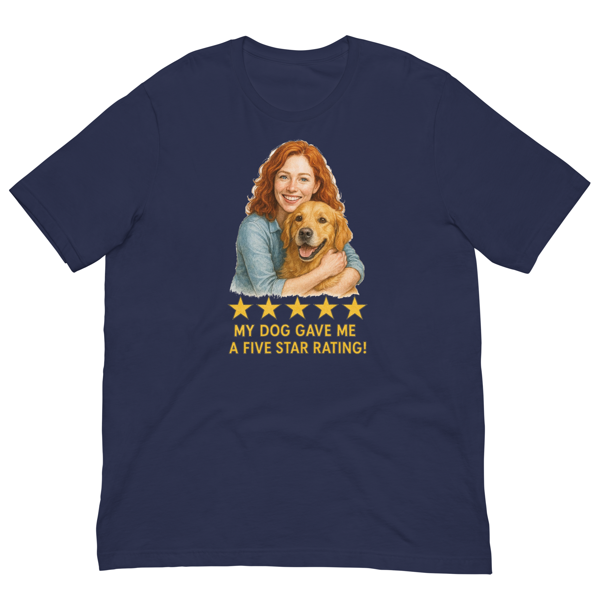 Red Hair Woman with Golden Retriever graphic tee.