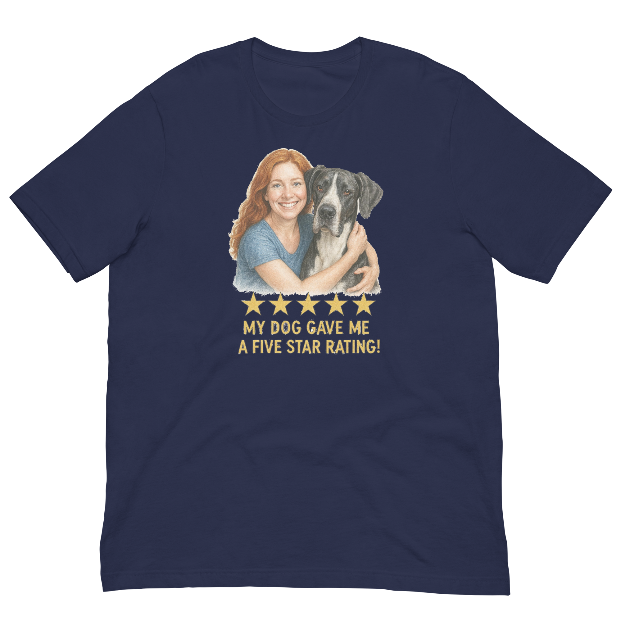Red Hair Woman with Great Dane graphic tee.