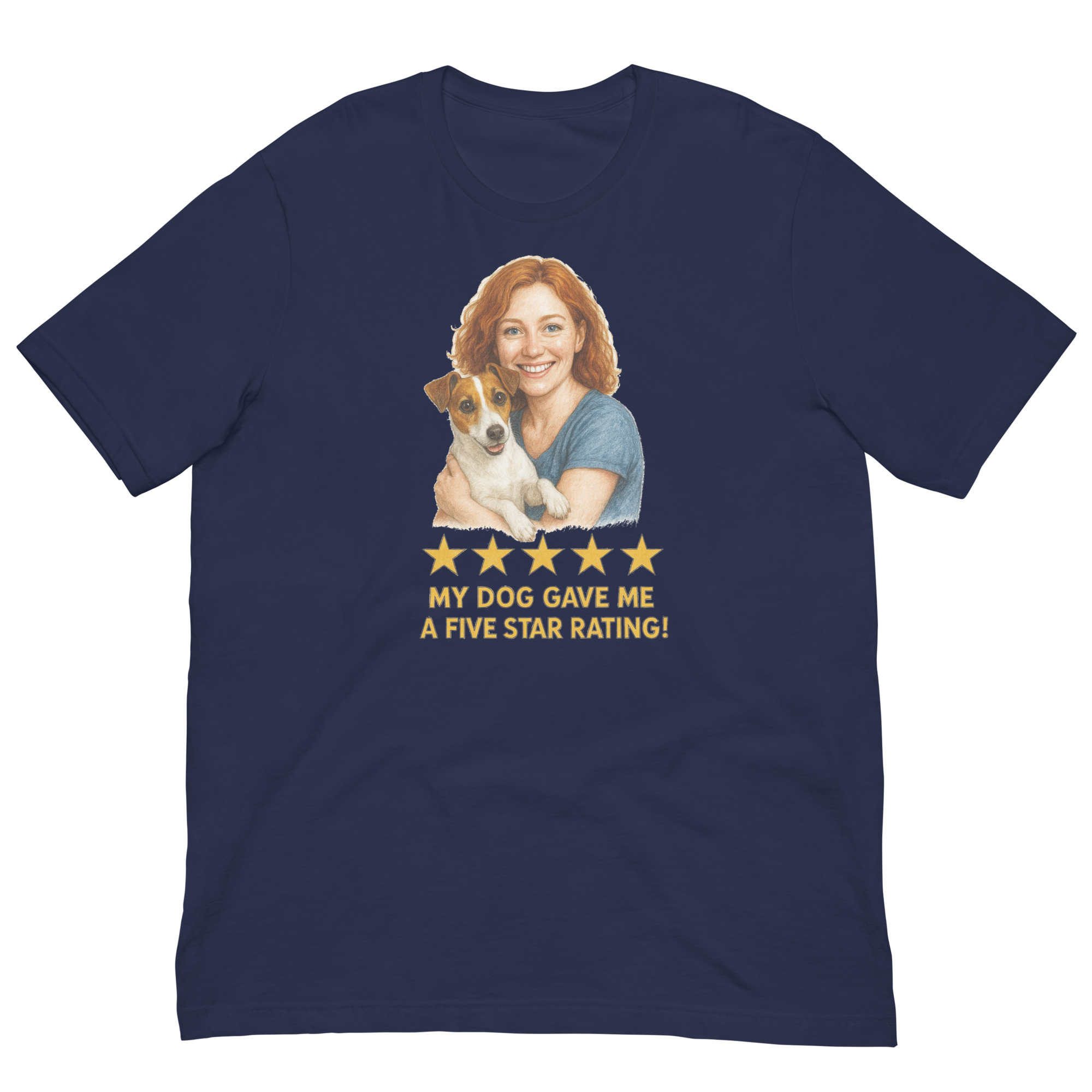 Red Hair Woman with Jack Russell Terrier graphic tee.