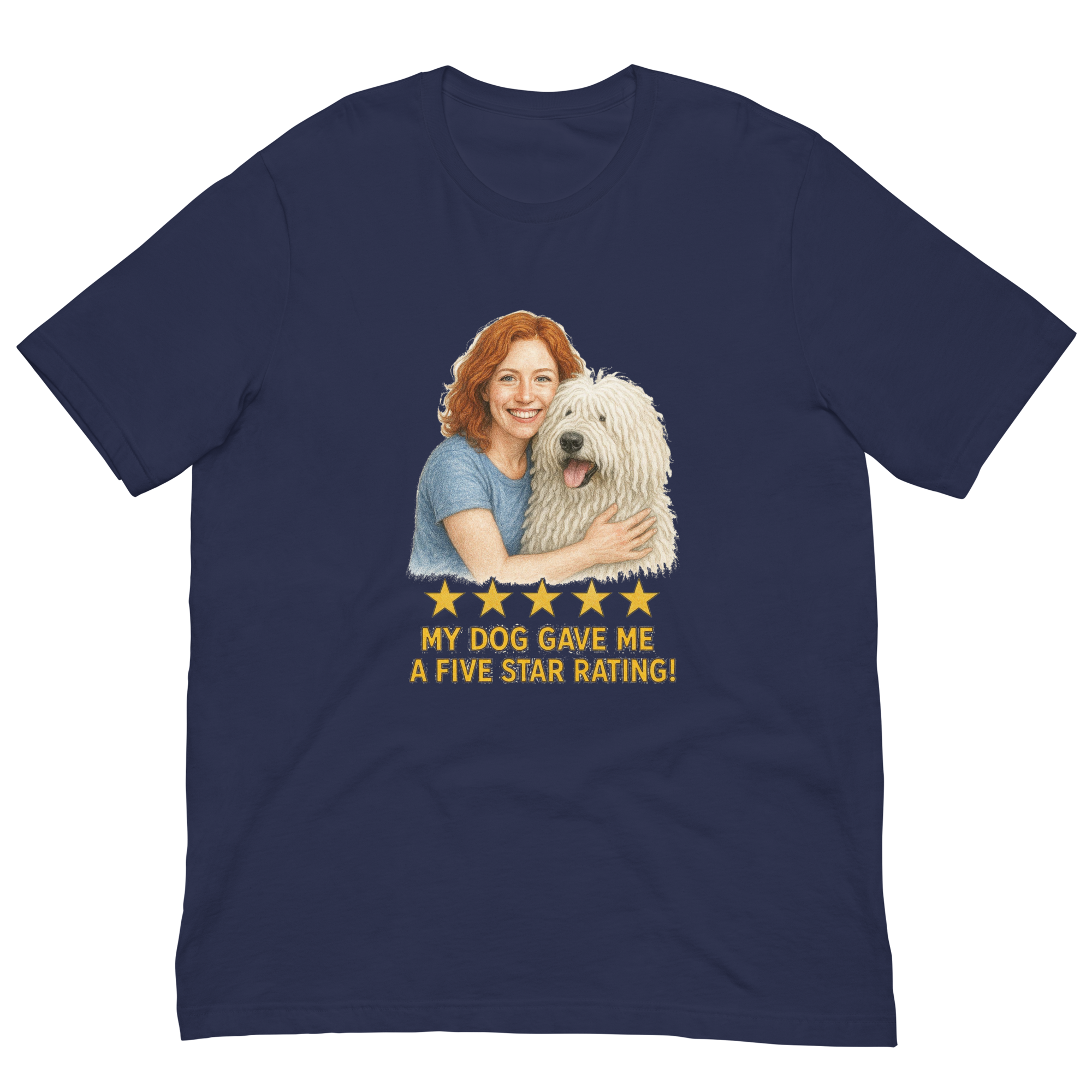 Red Hair Woman with Komondor graphic tee.