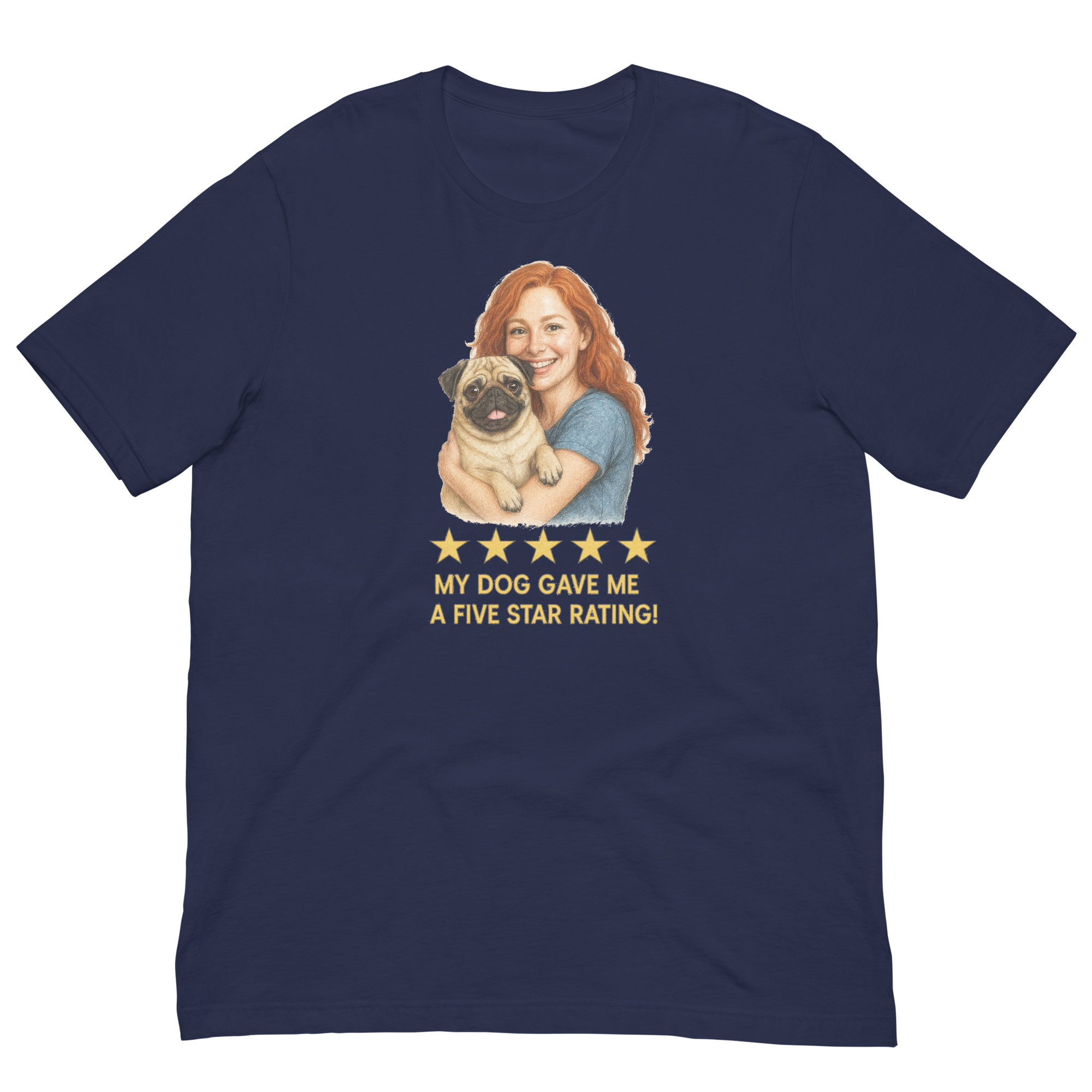 Red Hair Woman with Pug graphic tee.