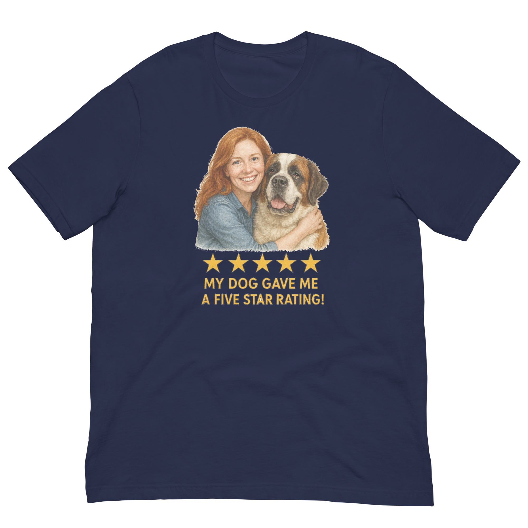 Red Hair Woman with Saint Bernard graphic tee.
