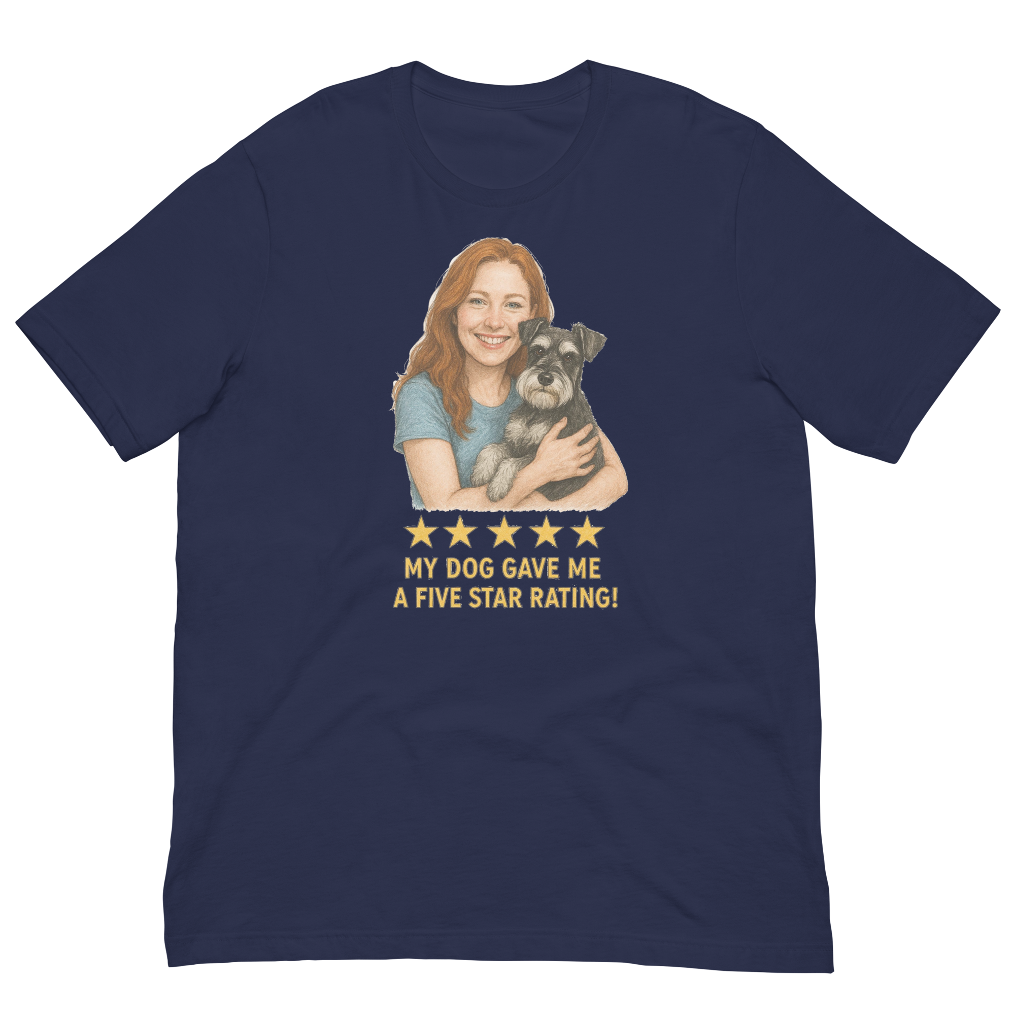 Red Hair Woman with Schnauzer graphic tee.