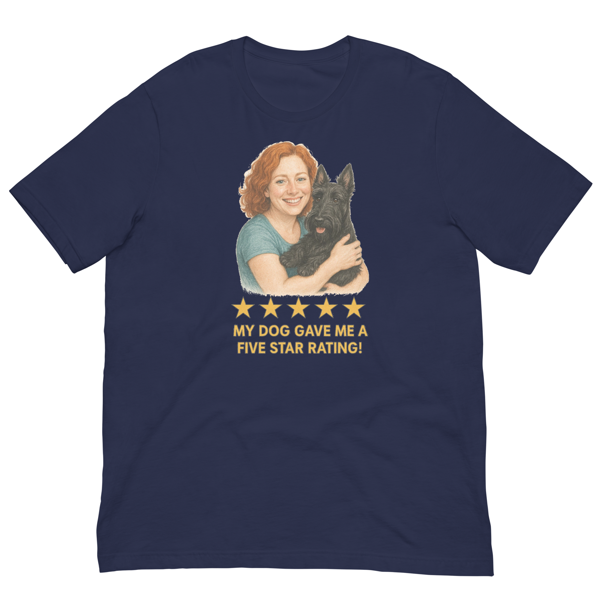 Red Hair Woman with Scottie graphic tee.