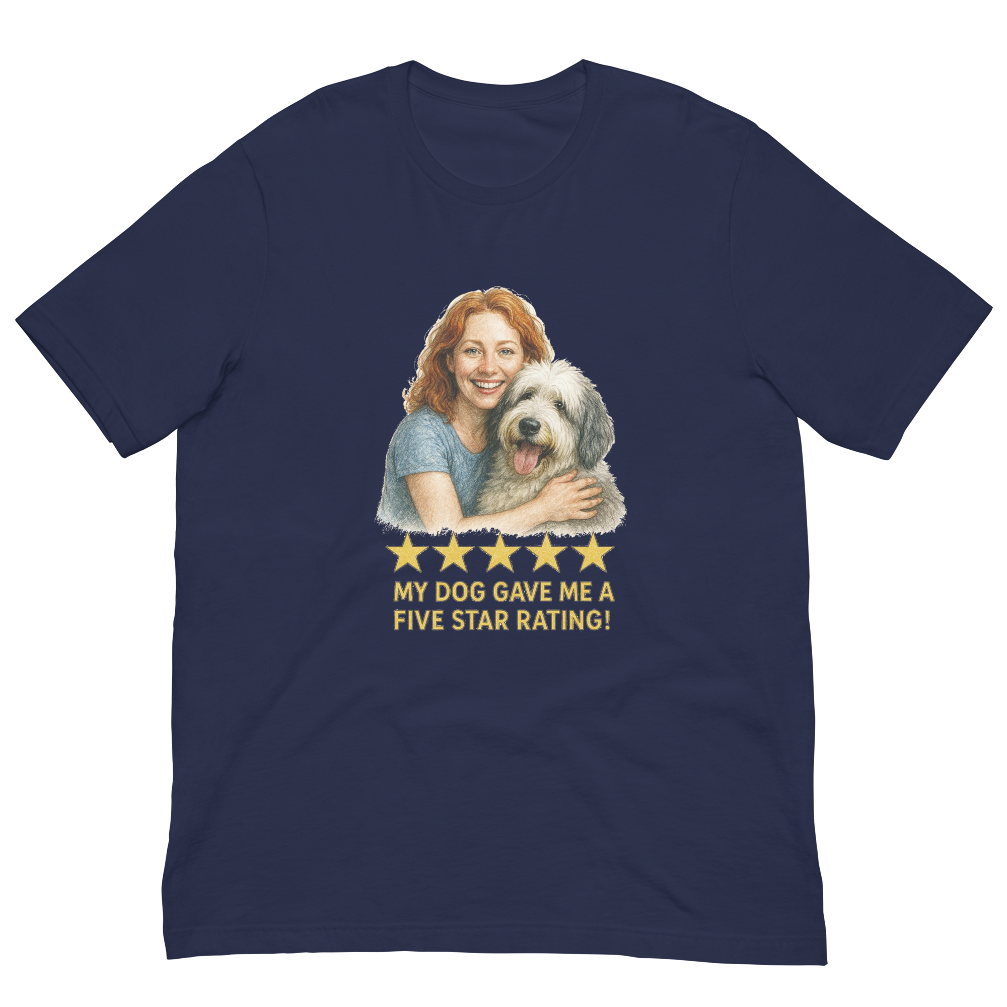 Red Hair Woman with Sheepdog graphic tee.