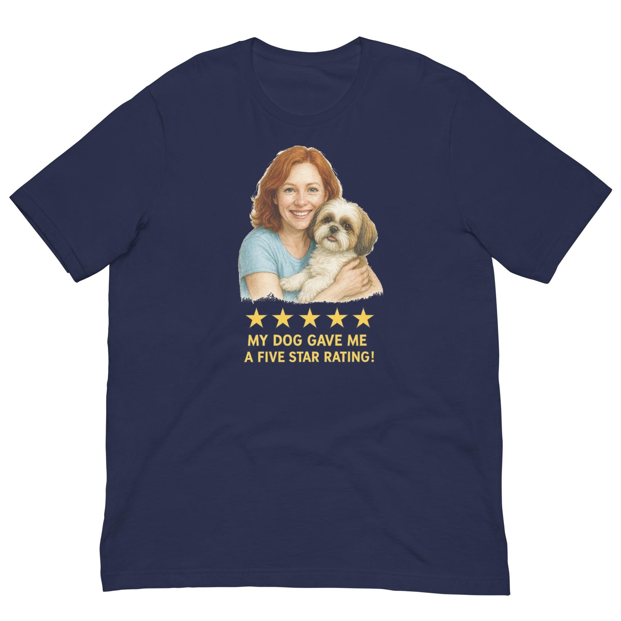 Red Hair Woman with Shih Tzu graphic tee.