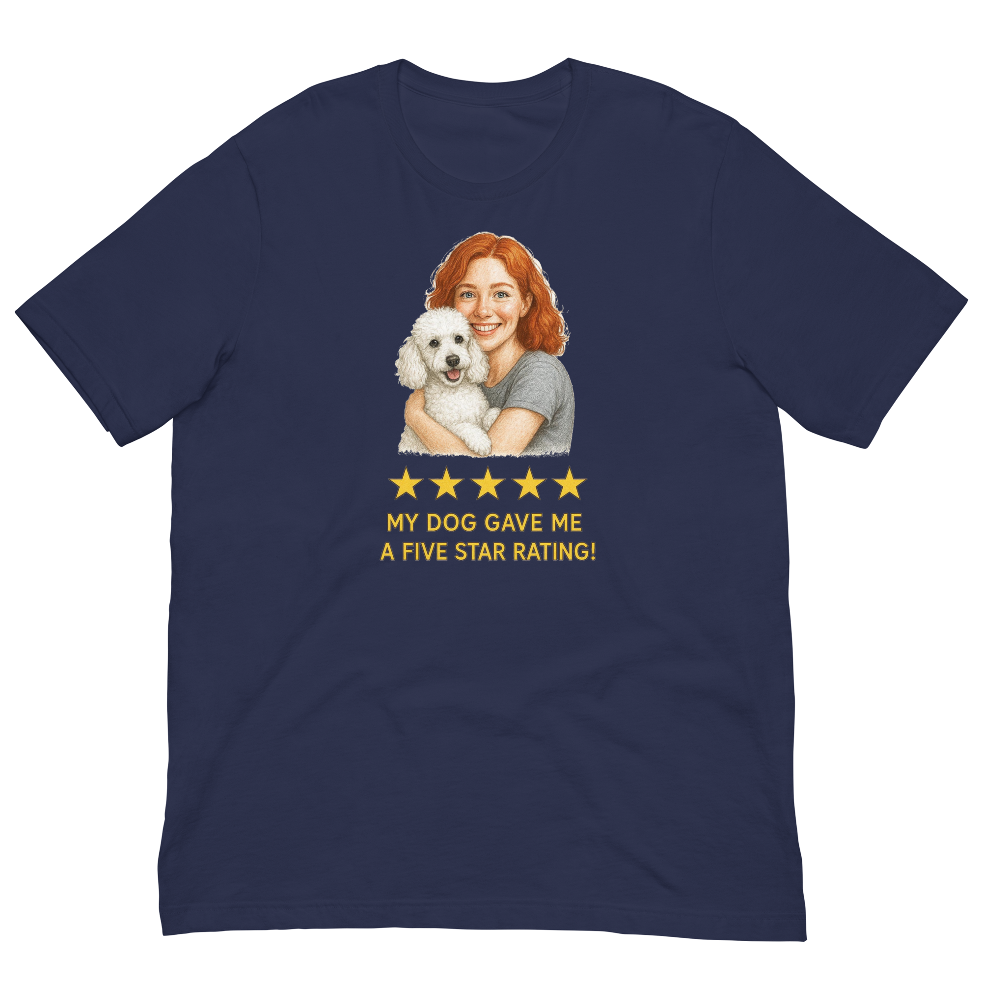 Red Hair Woman with White Poodle graphic tee.