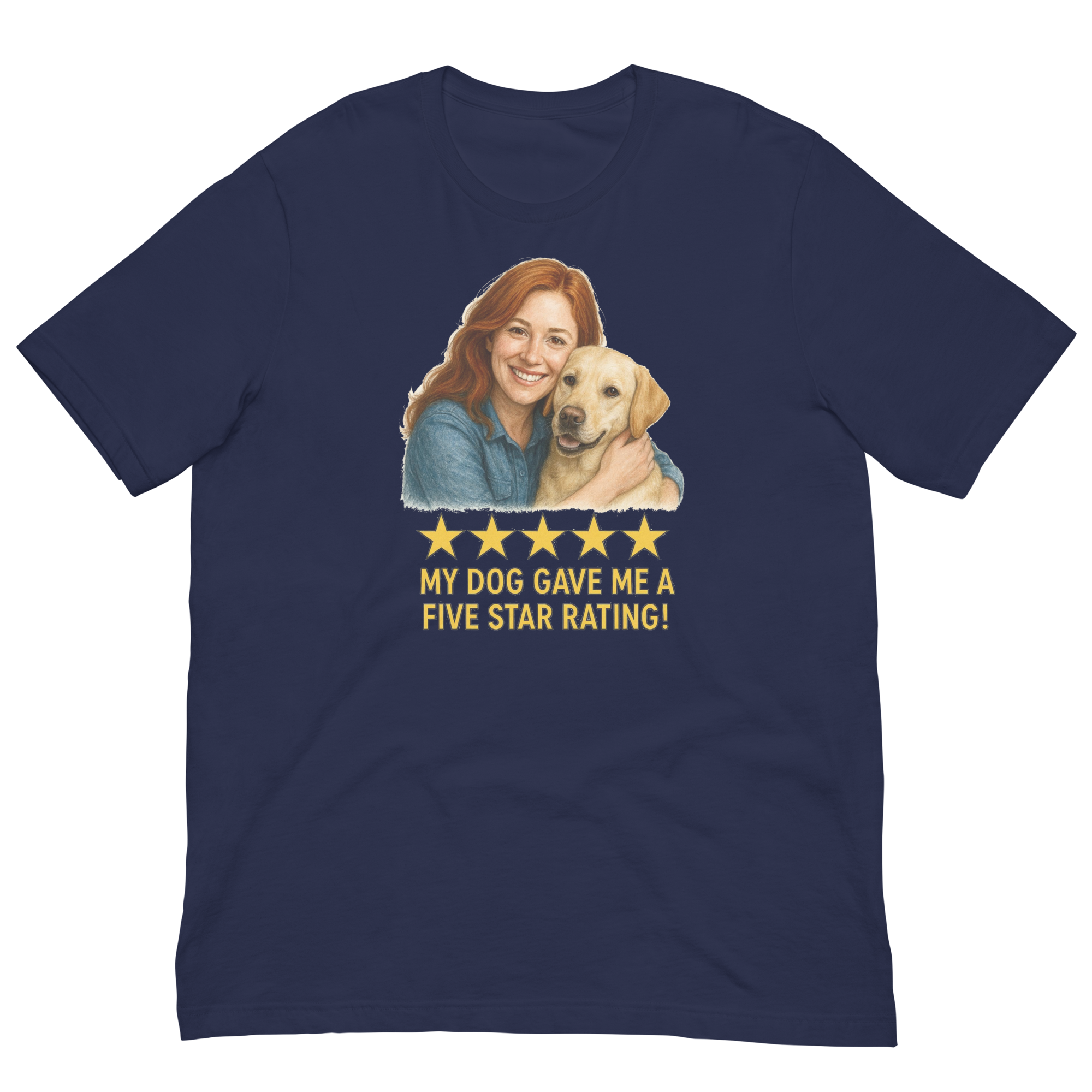 Red Hair Woman with Yellow Labrador graphic tee.