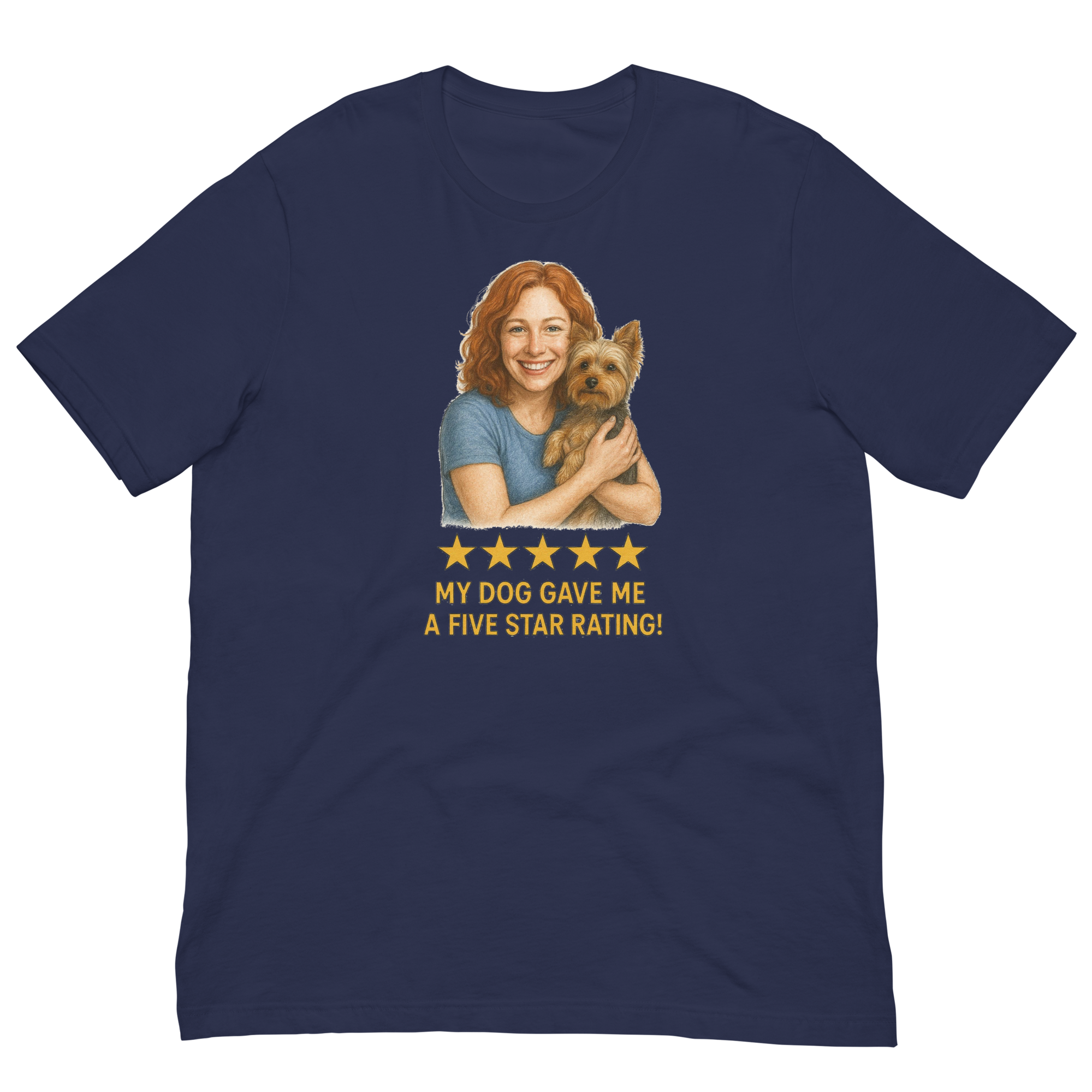 Red Hair Woman with Yorkie graphic tee.