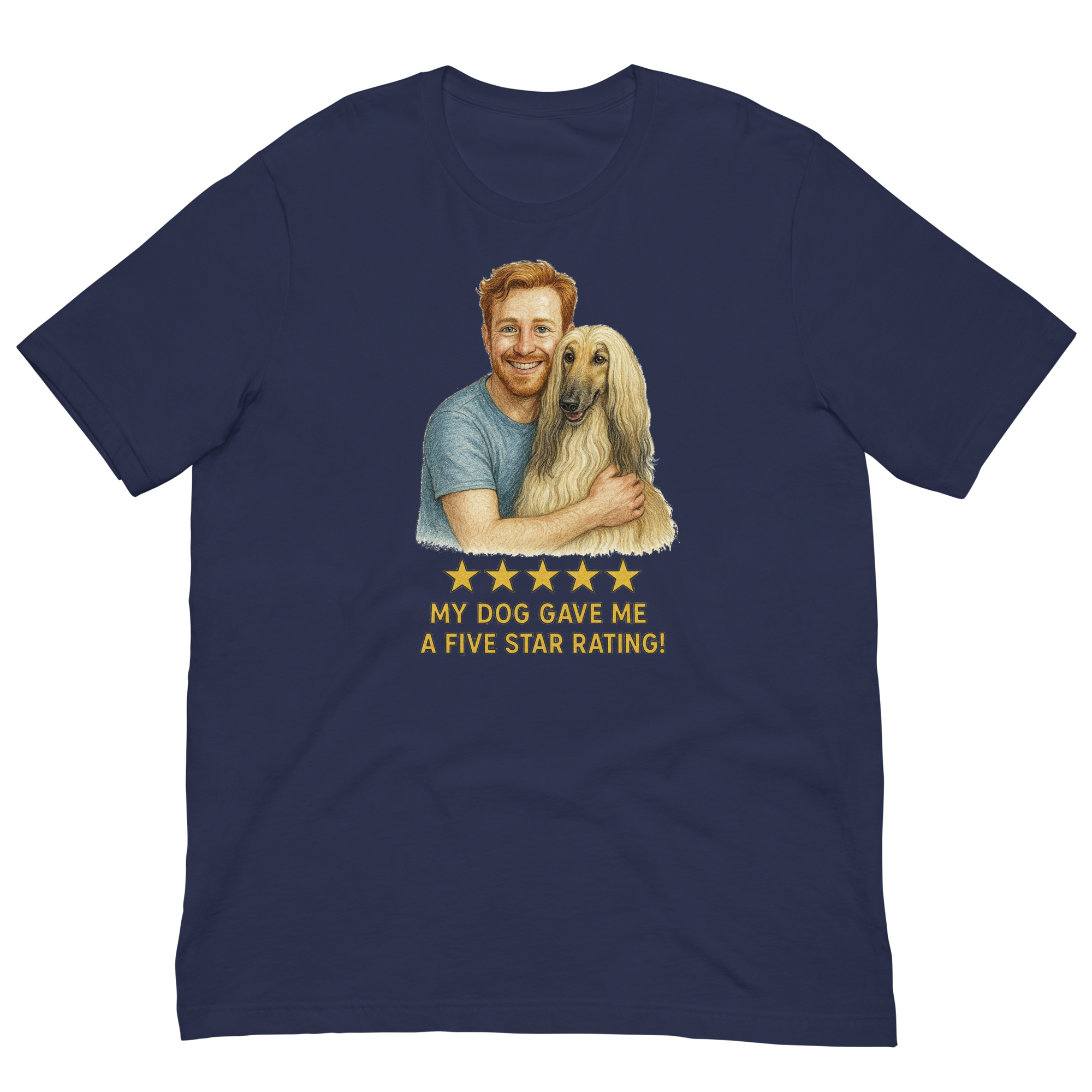 Red Hair Man with Afghan Hound graphic tee.