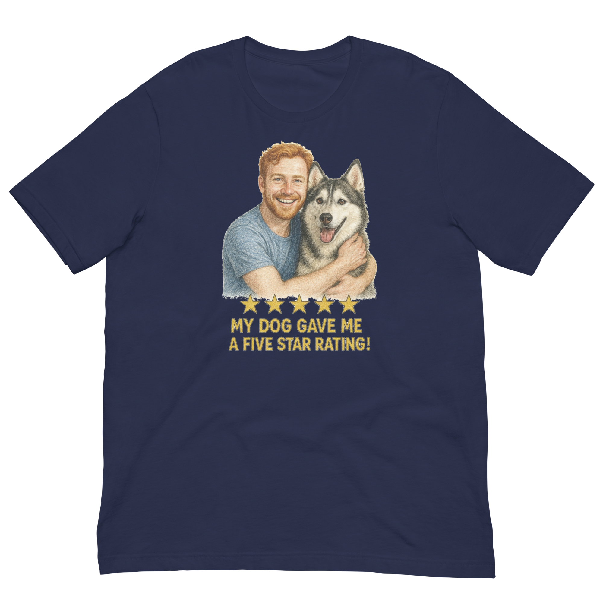 Red Hair Man with Alaskan Husky graphic tee.