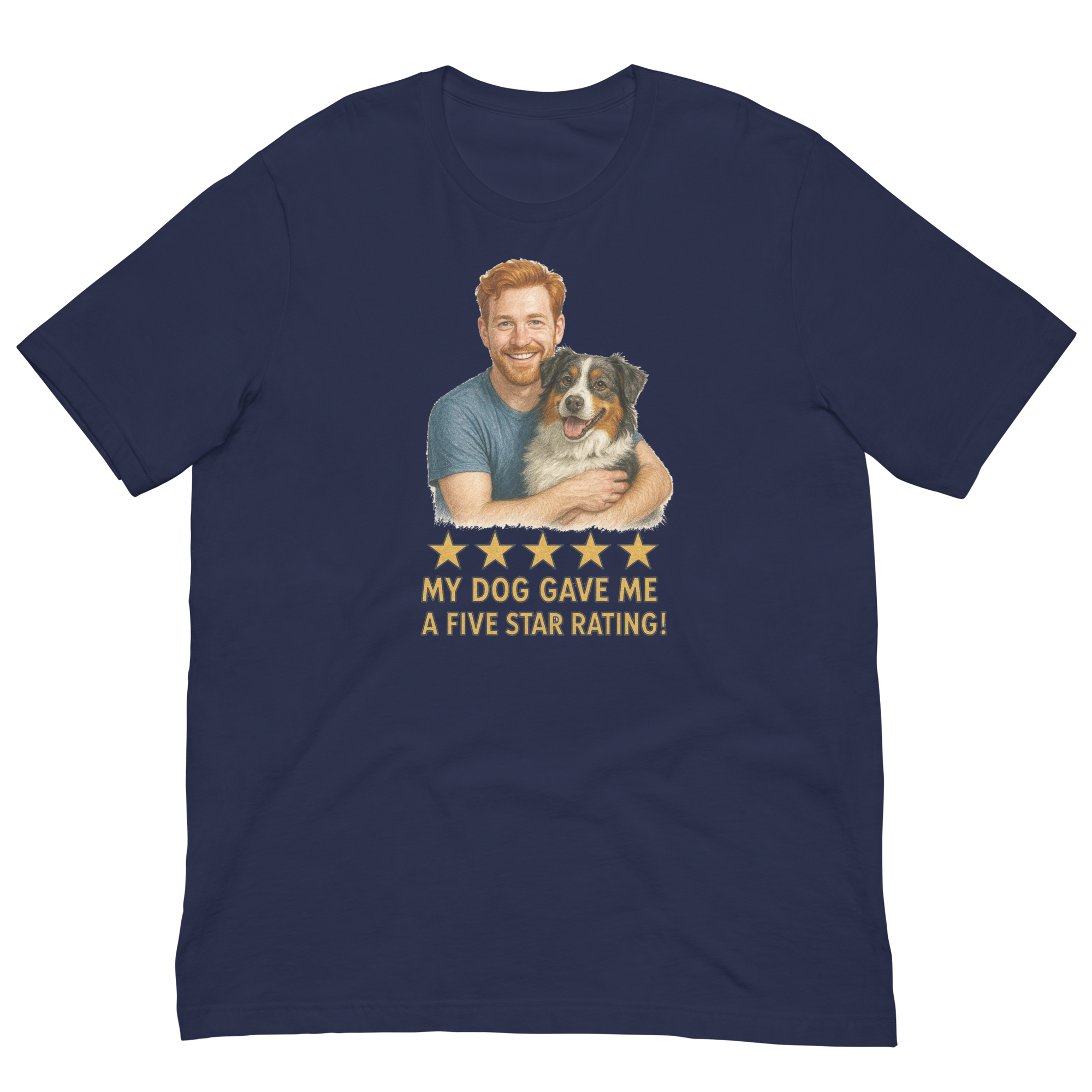 Red Hair Man with Australian Shepherd graphic tee.