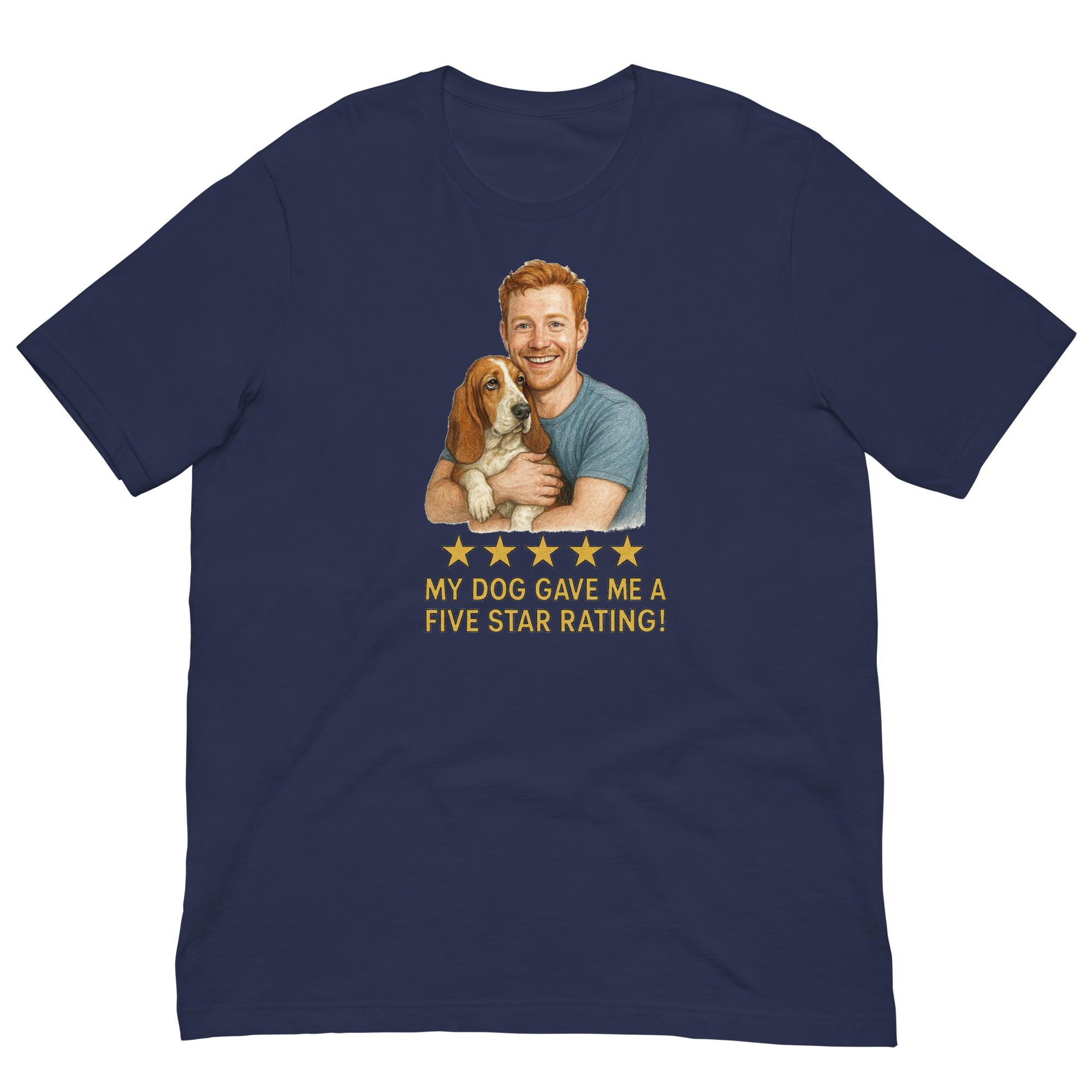 Red Hair Man with Basset Hound graphic tee.