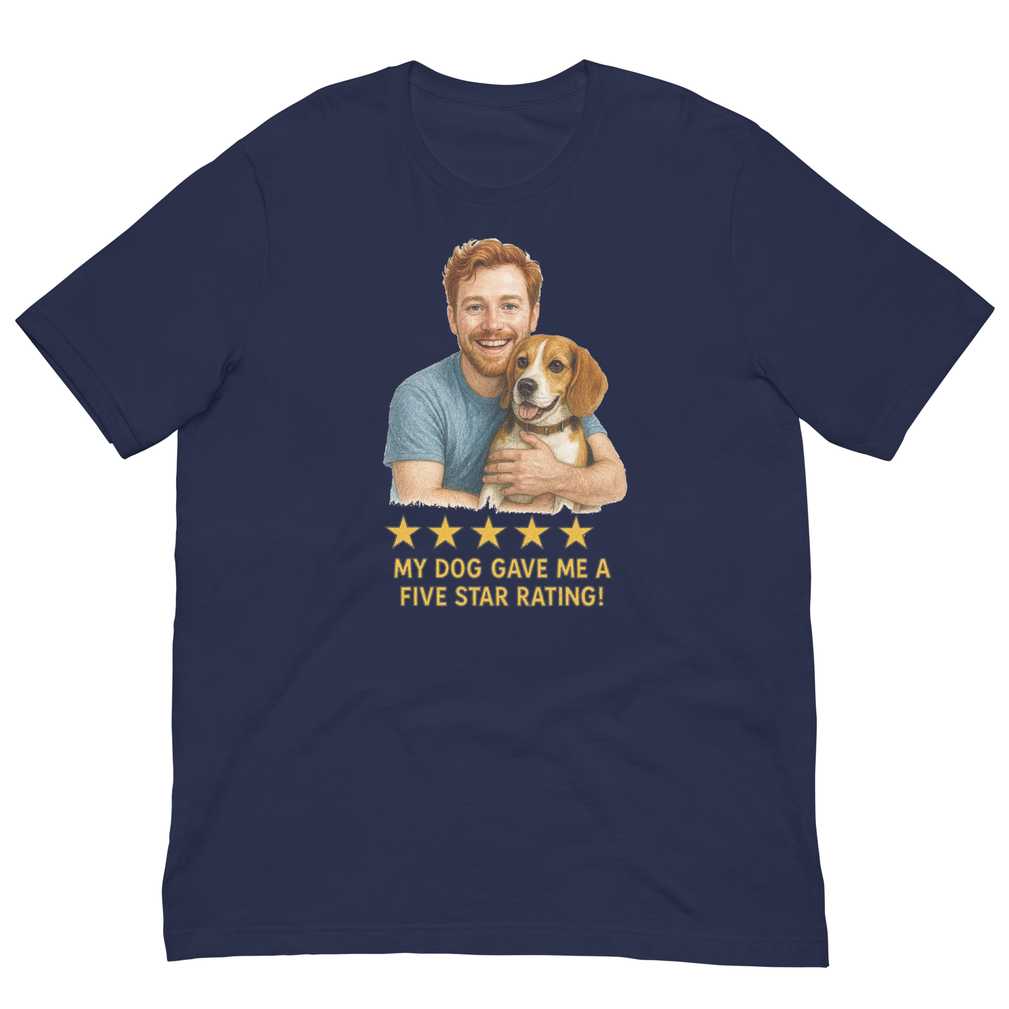 Red Hair Man with Beagle graphic tee.