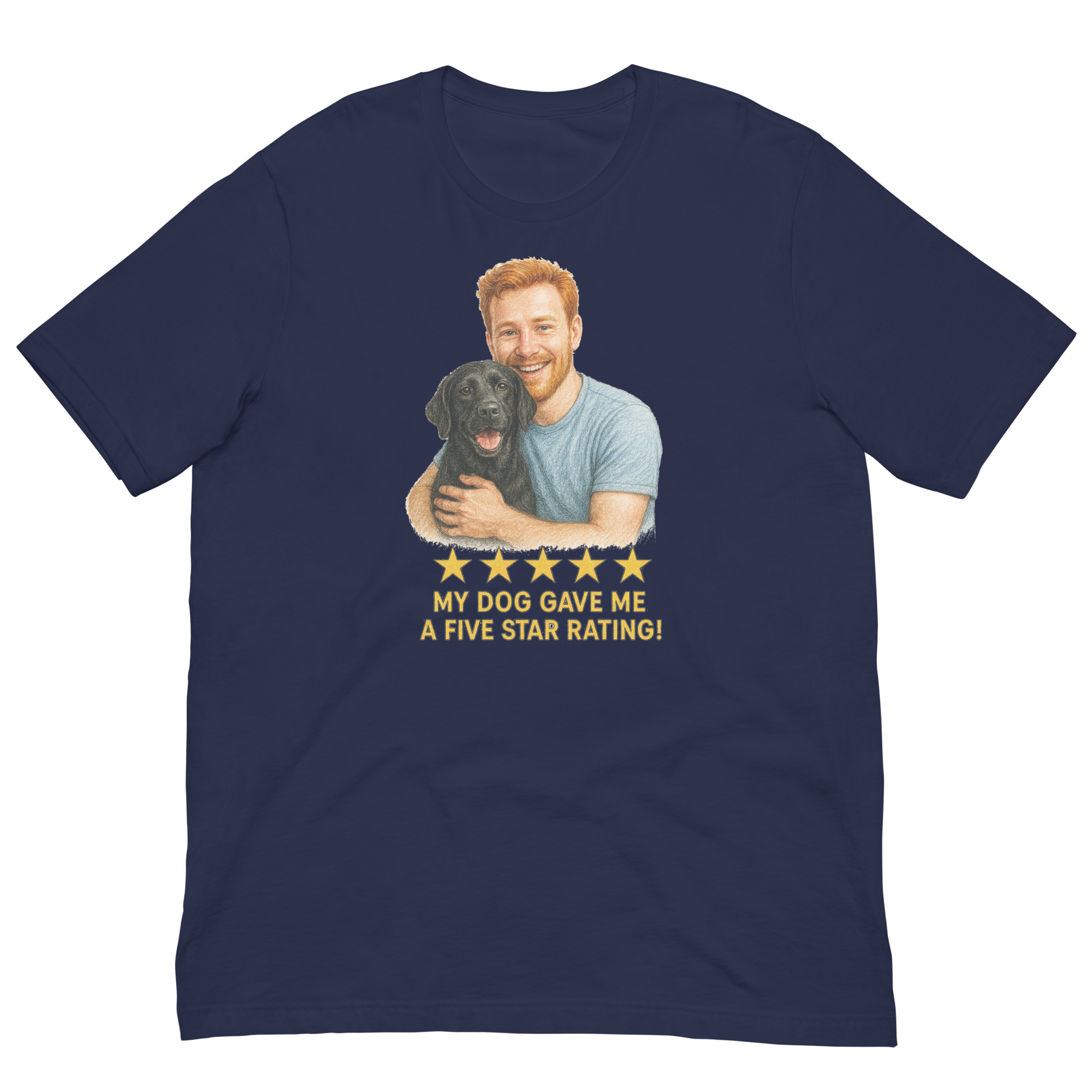 Red Hair Man with Black Labrador graphic tee.