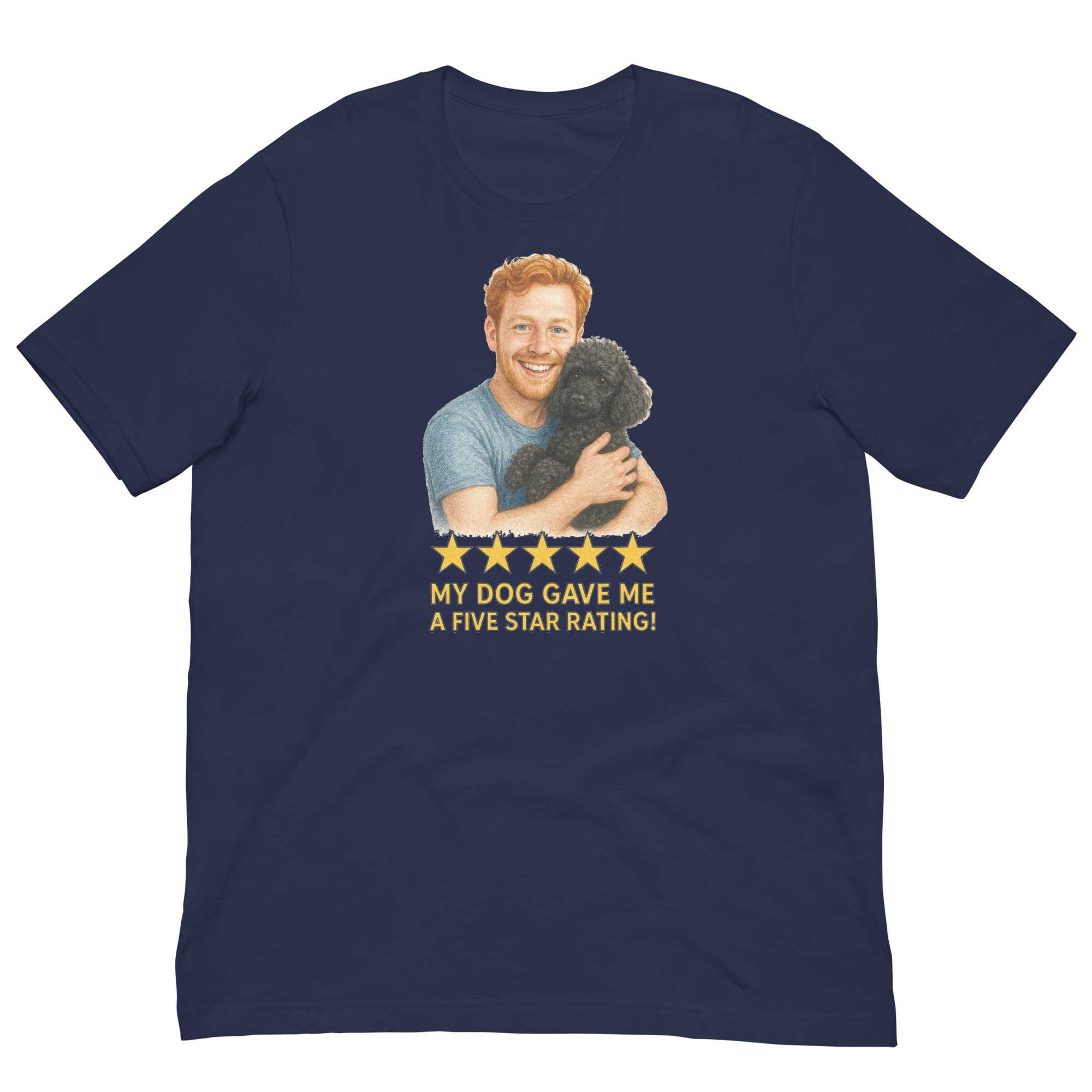 Red Hair Man with Black Poodle graphic tee.