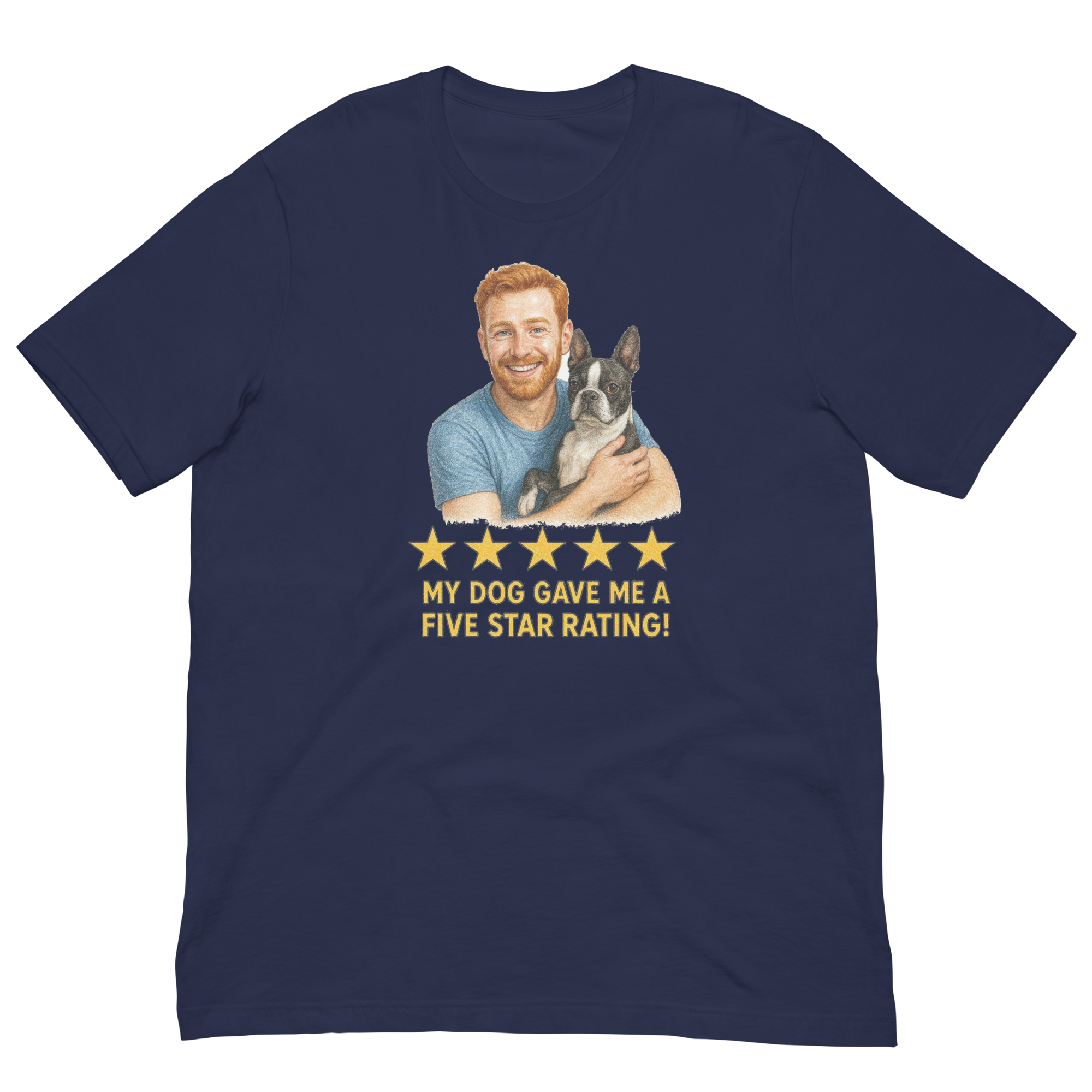 Red Hair Man with Boston Terrier graphic tee.