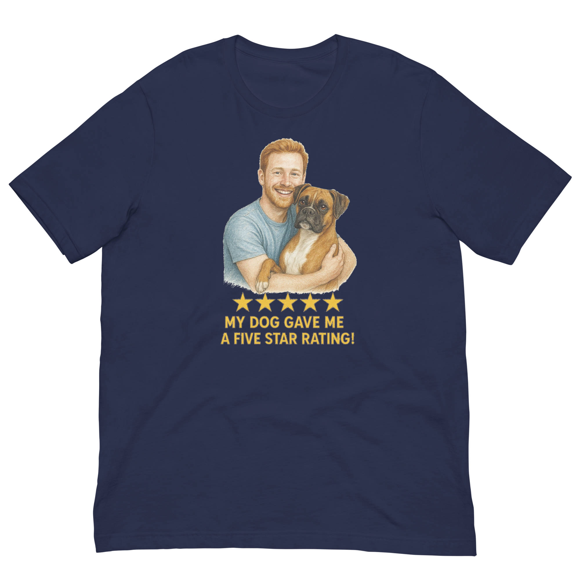 Red Hair Man with Boxer graphic tee.