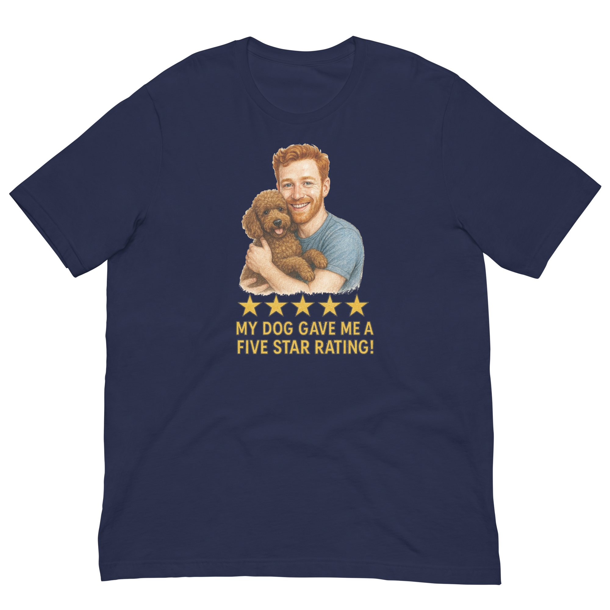 Red Hair Man with Brown Poodle graphic tee.
