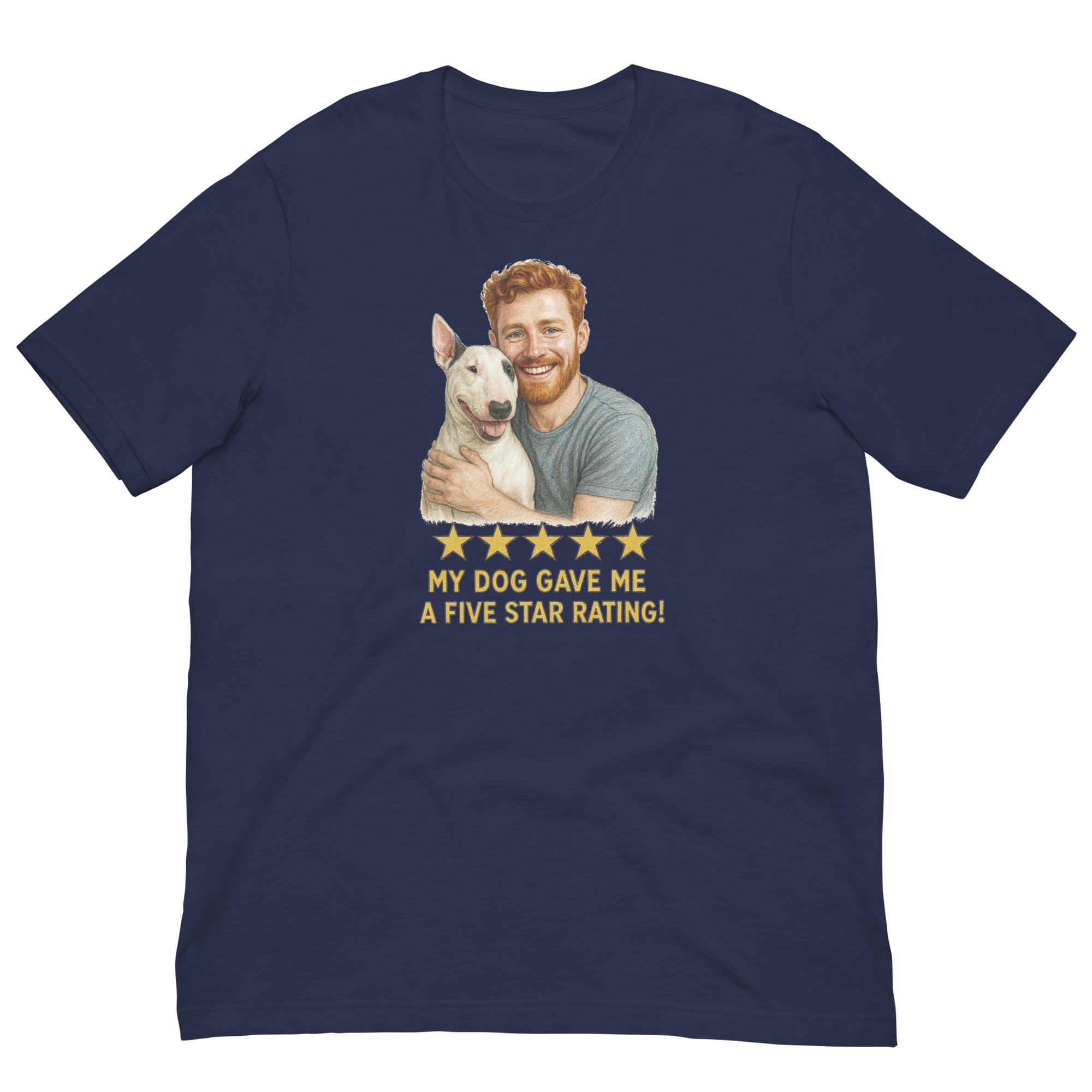 Red Hair Man with Bull Terrier graphic tee.