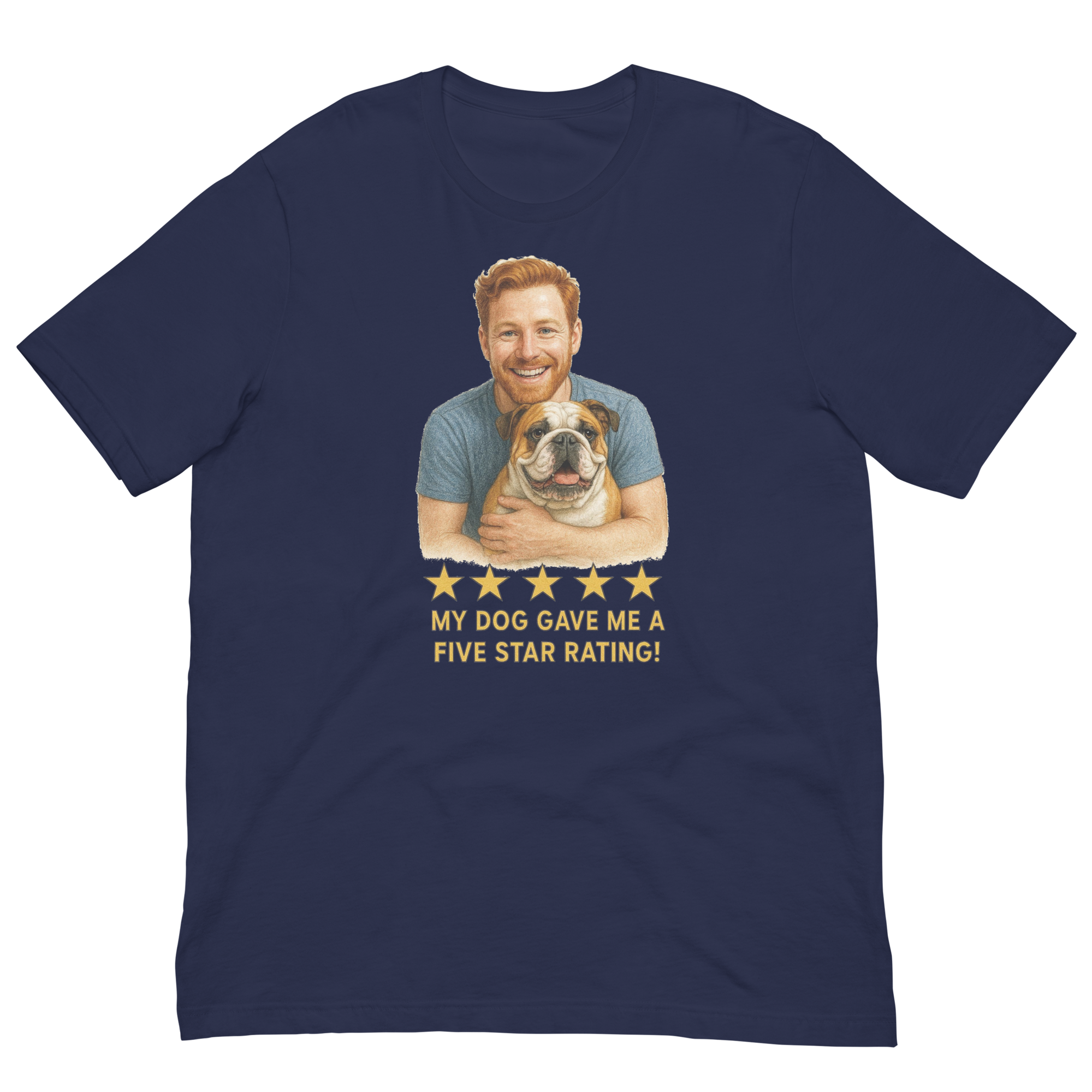 Red Hair Man with Bulldog graphic tee.