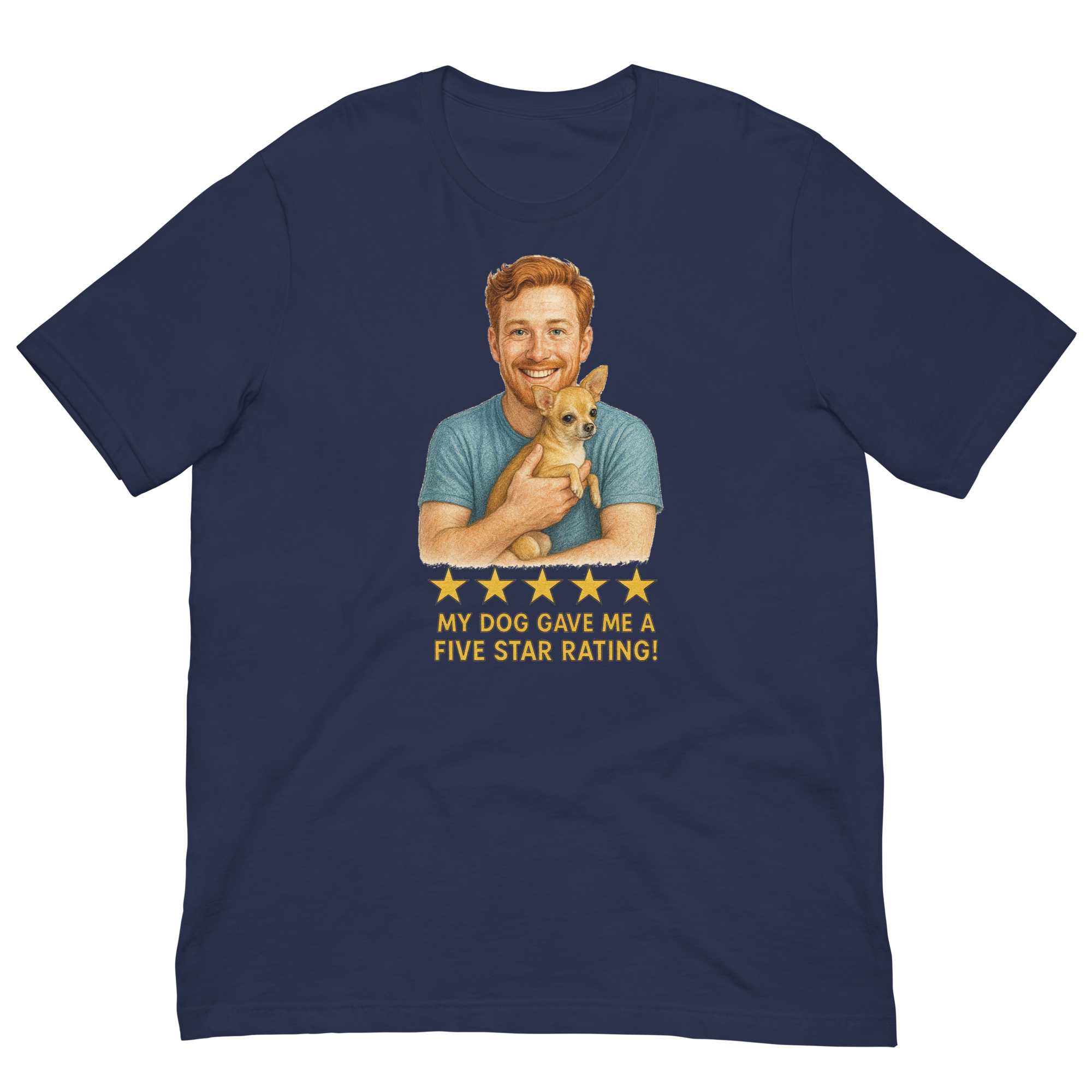 Red Hair Man with Chihuahua graphic tee.