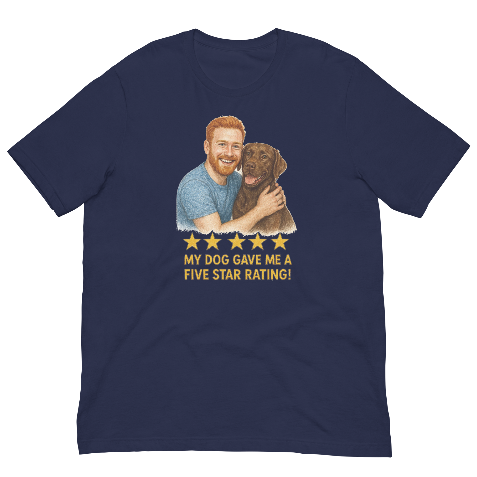 Red Hair Man with Chocolate Labrador graphic tee.