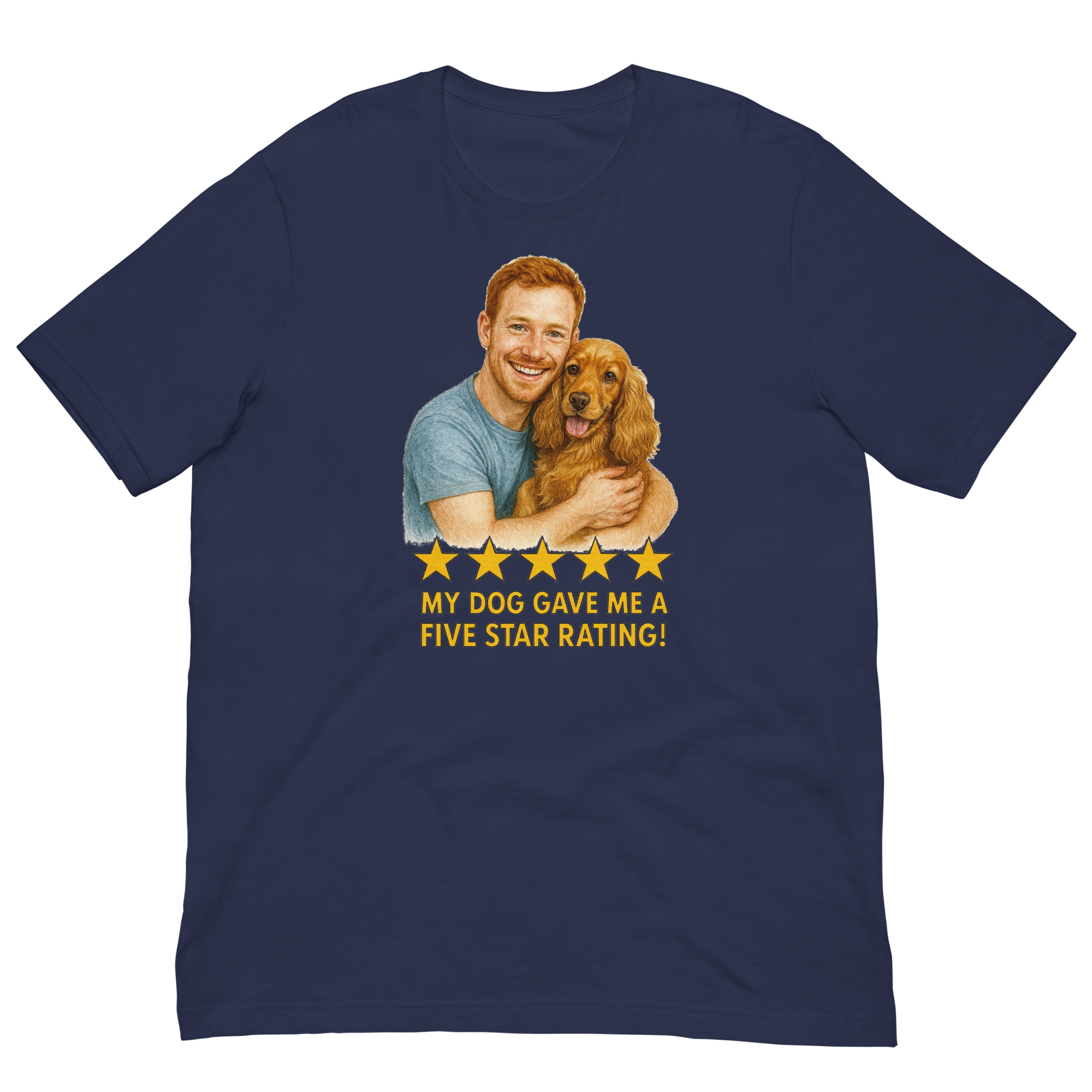 Red Hair Man with Cocker Spaniel graphic tee.