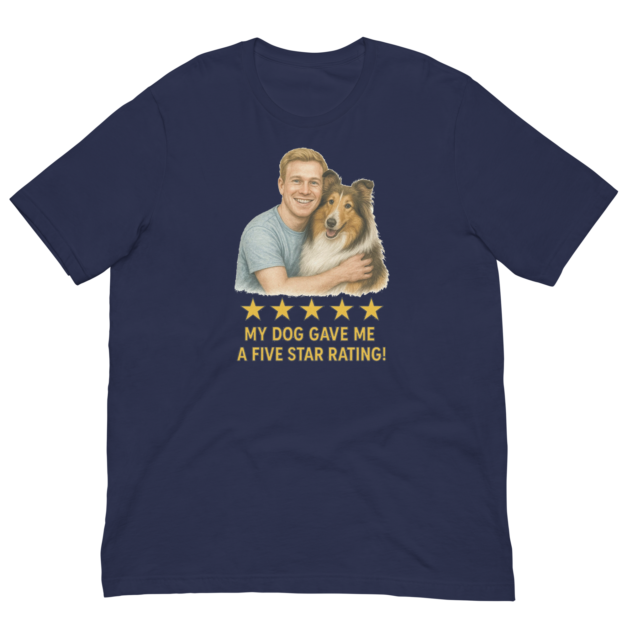 Red Hair Man with Collie graphic tee.
