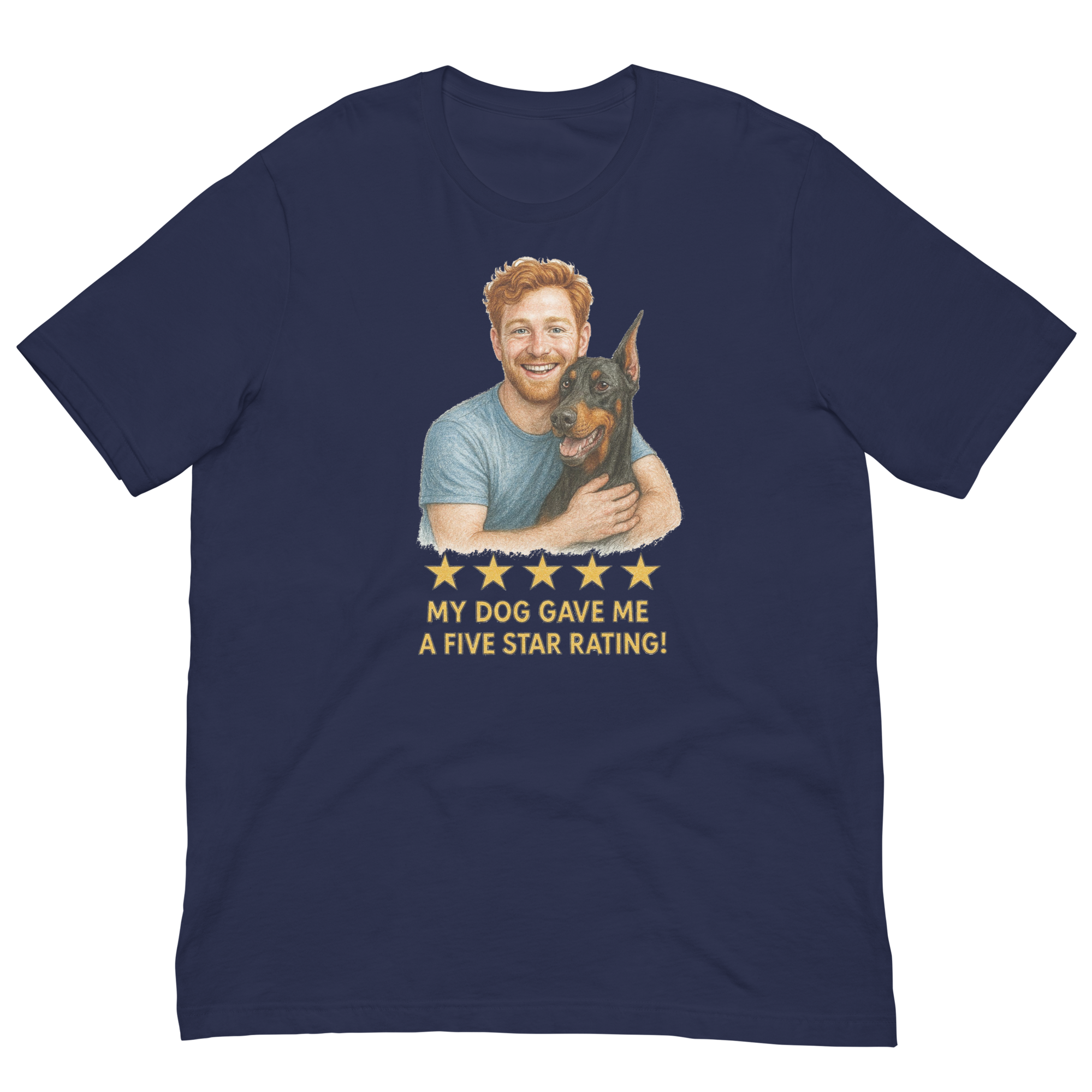 Red Hair Man with Doberman Pinscher graphic tee.