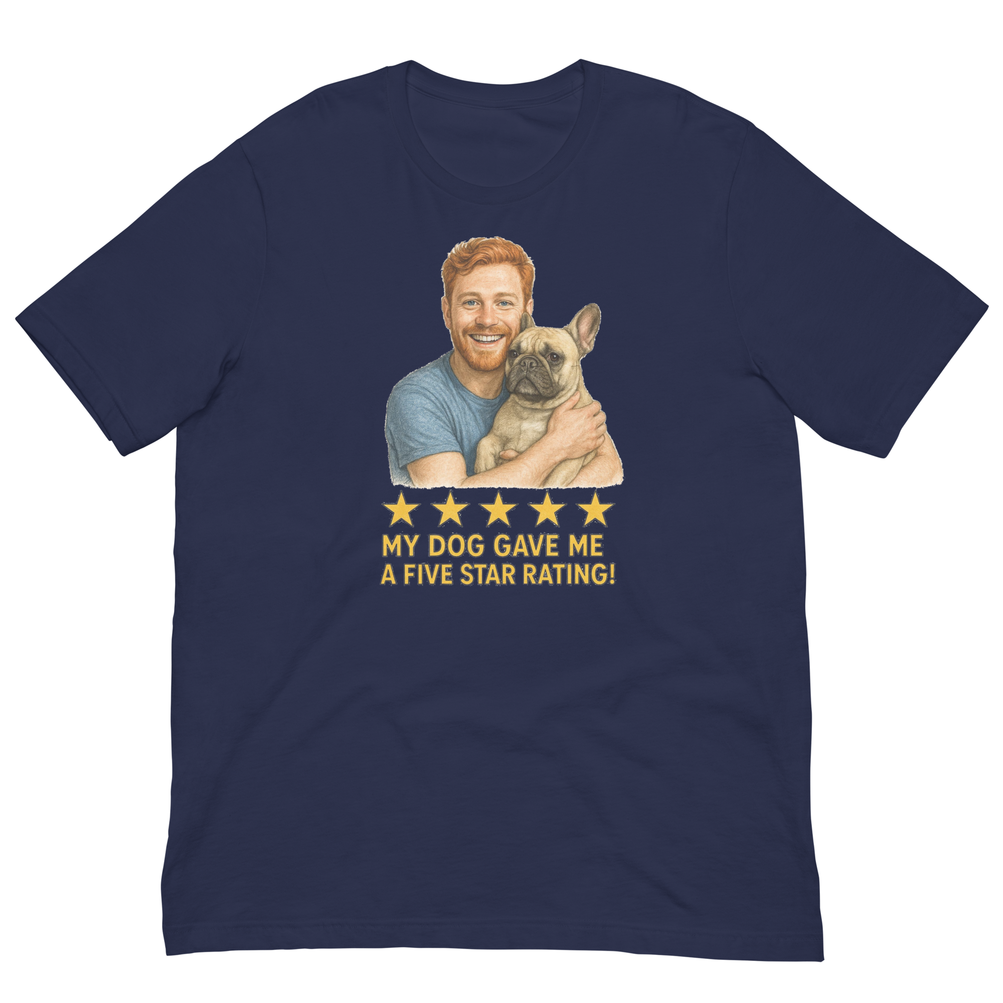 Red Hair Man with French Bulldog graphic tee.