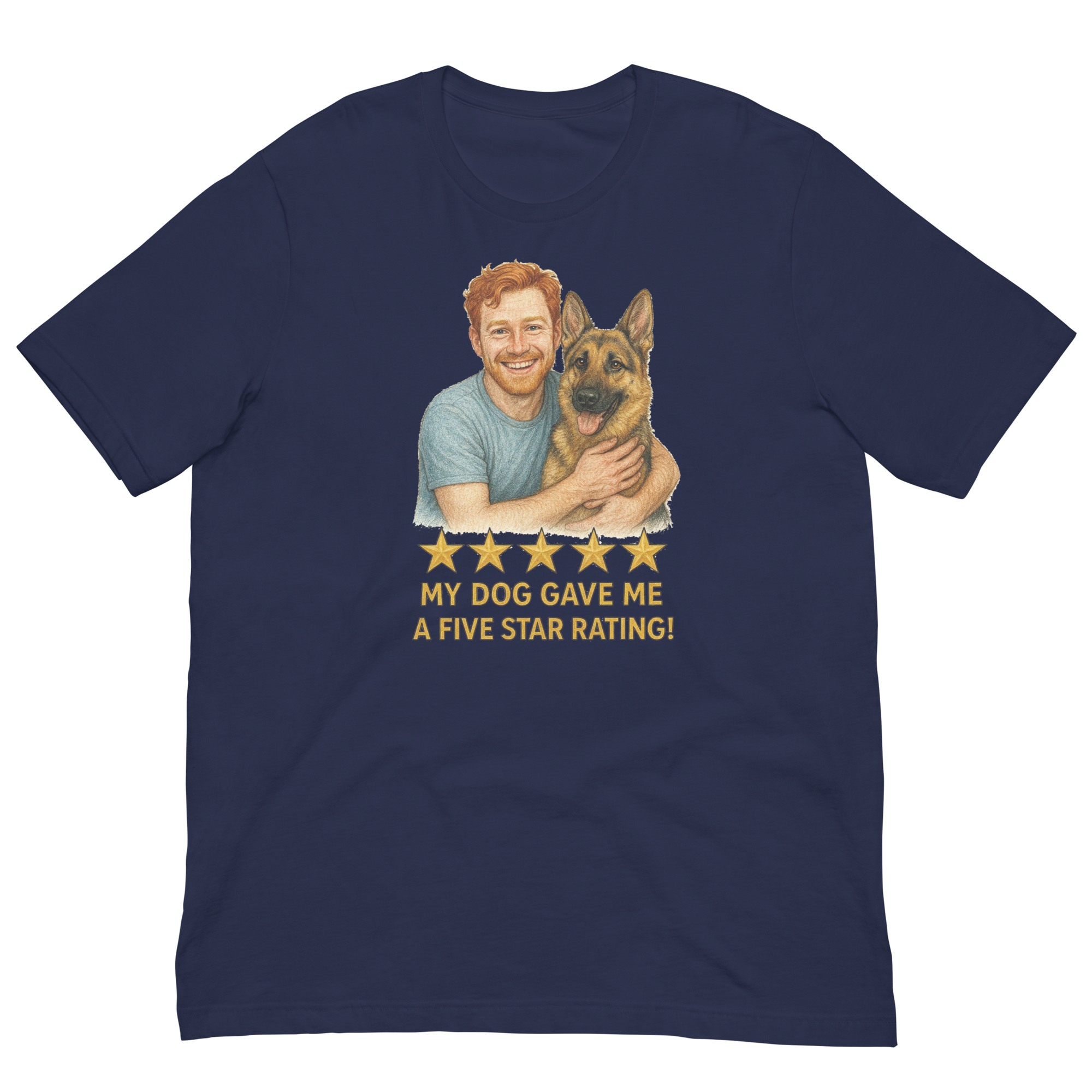 Red Hair Man with German Shepherd graphic tee.