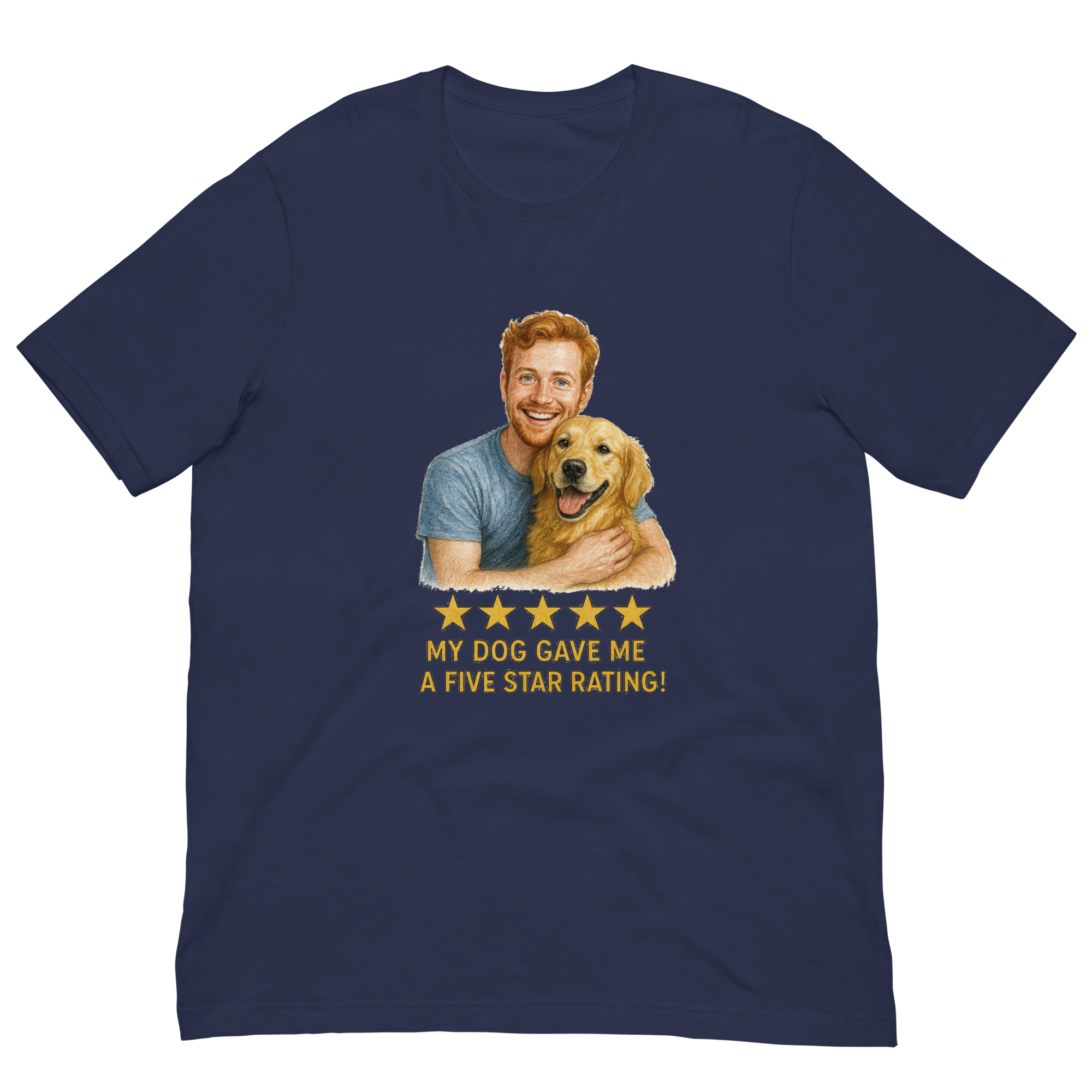 Red Hair Man with Golden Retriever graphic tee.