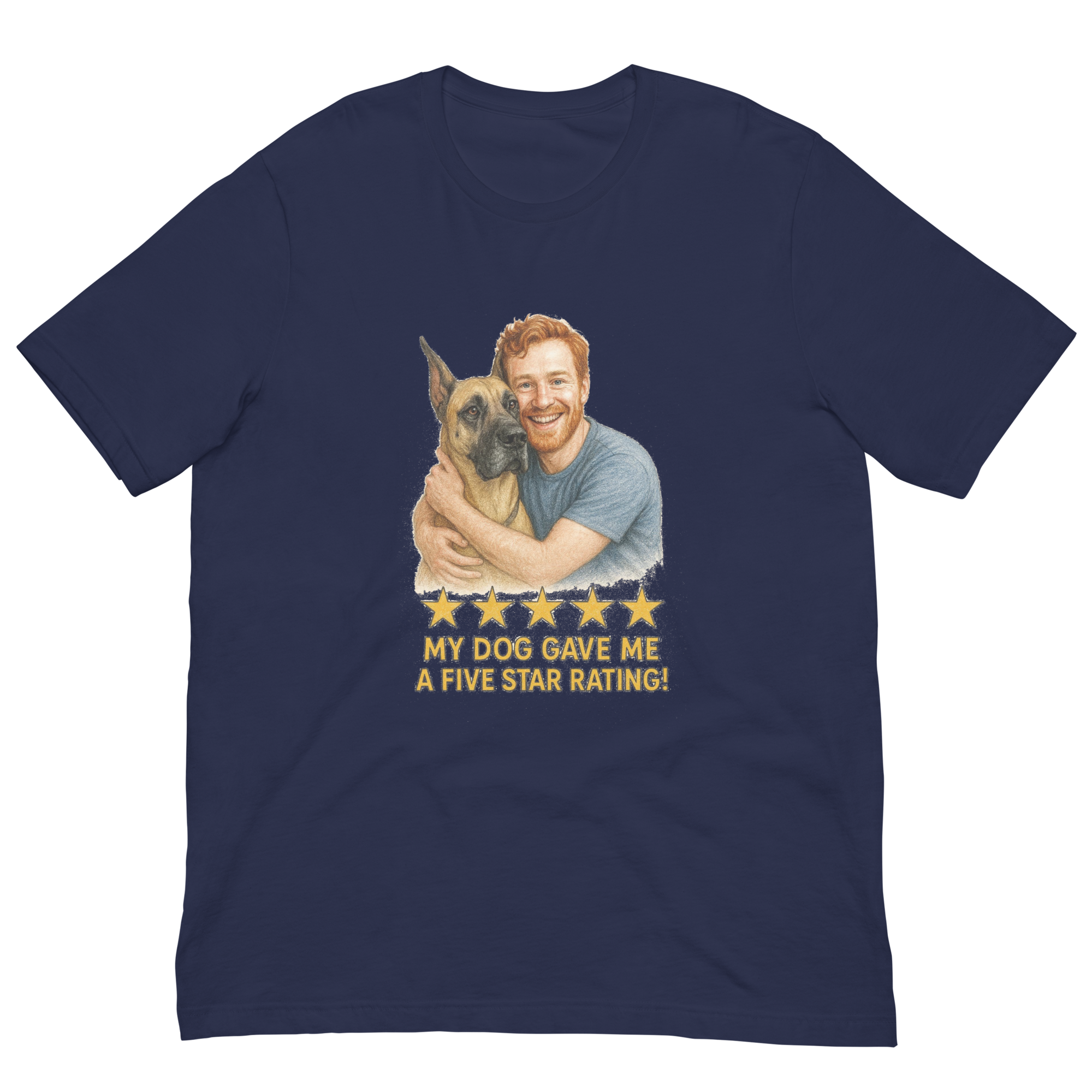 Red Hair Man with Great Dane graphic tee.