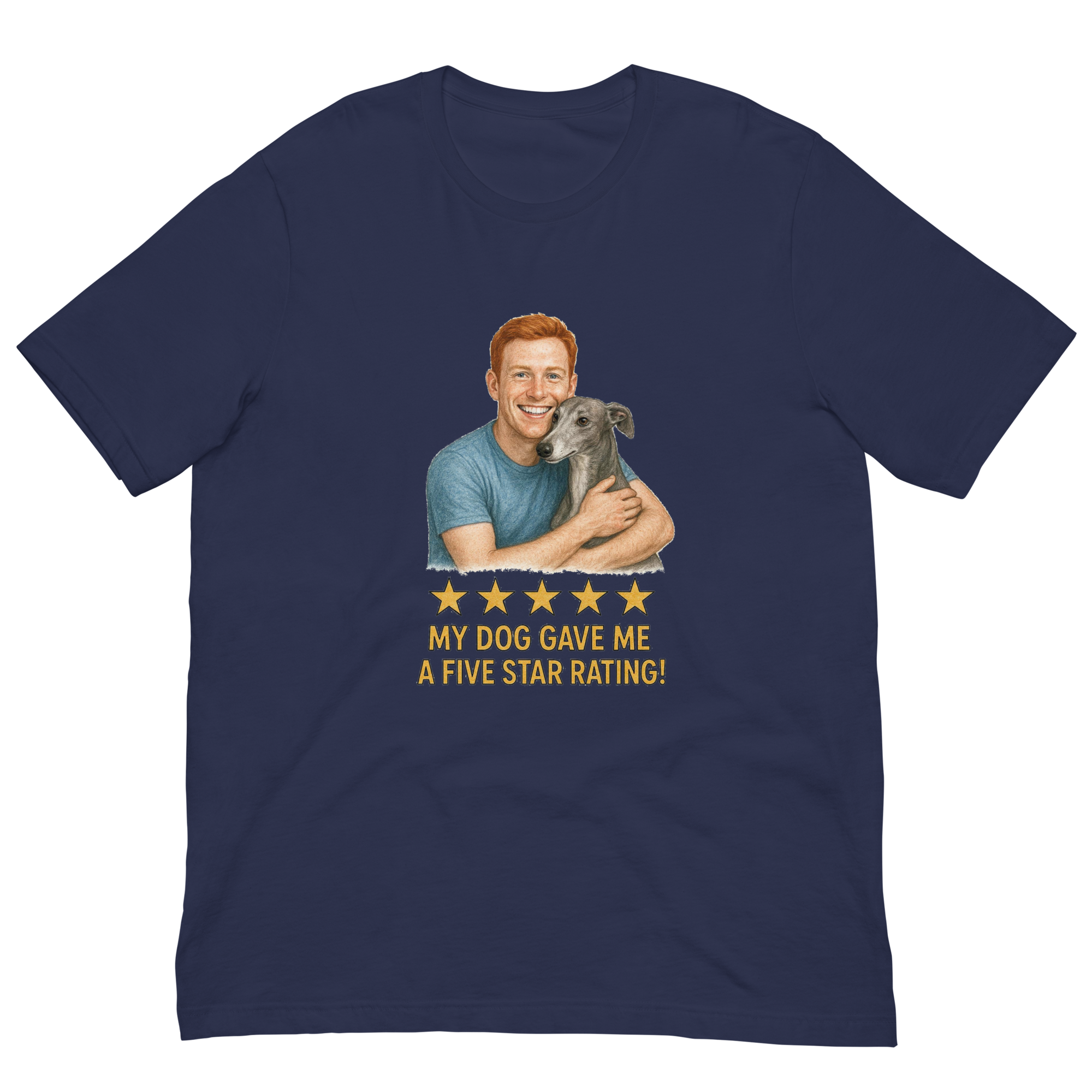 Red Hair Man with Greyhound graphic tee.