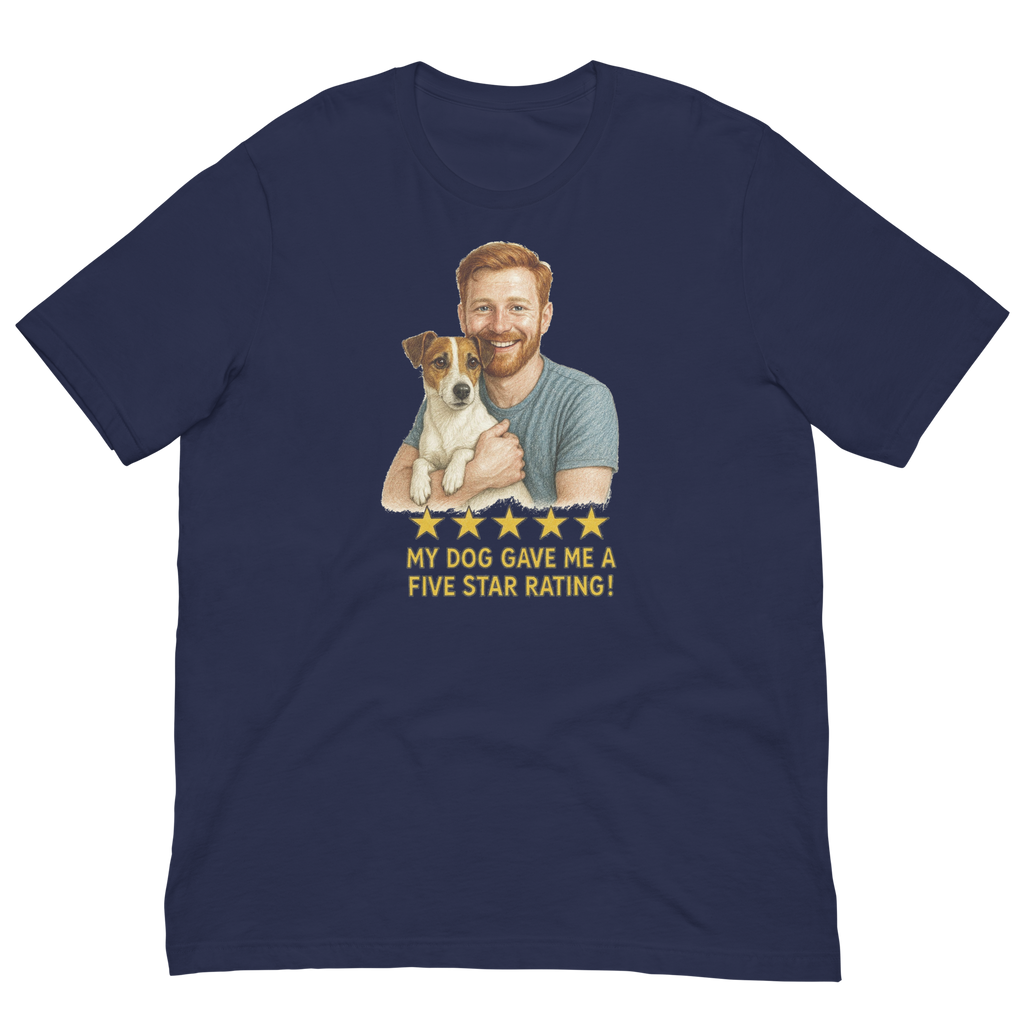 Red Hair Man with Jack Russell Terrier graphic tee.